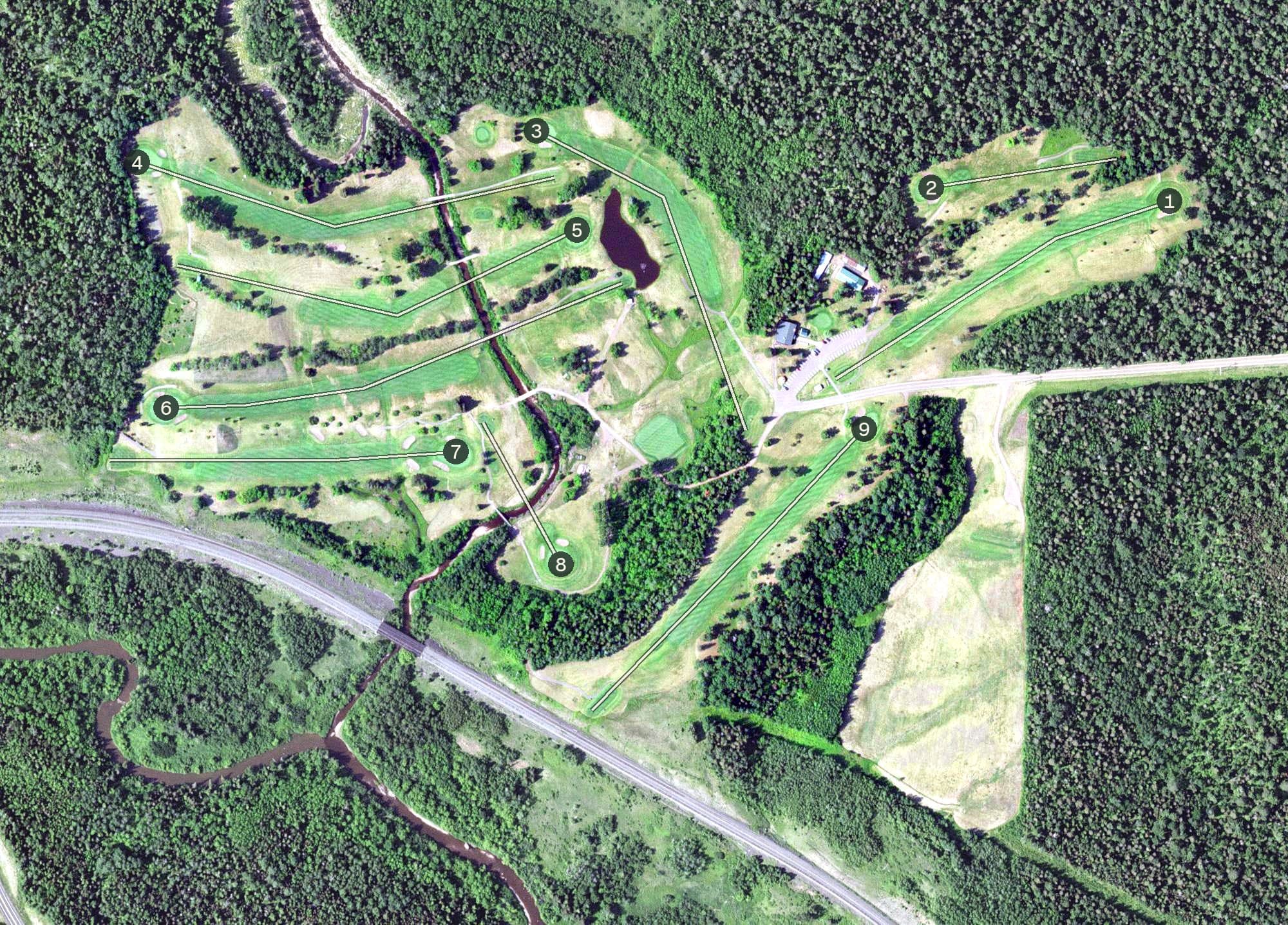 Aerial view of Silver Bay Golf Course, MN, with its hole routing marked