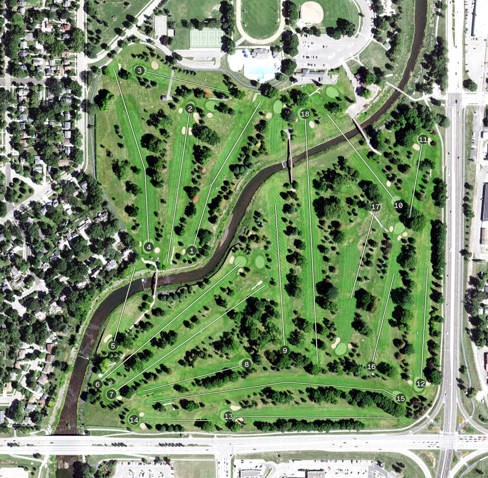 Aerial view of Soldiers Field Golf Course, MN, with its hole routing marked