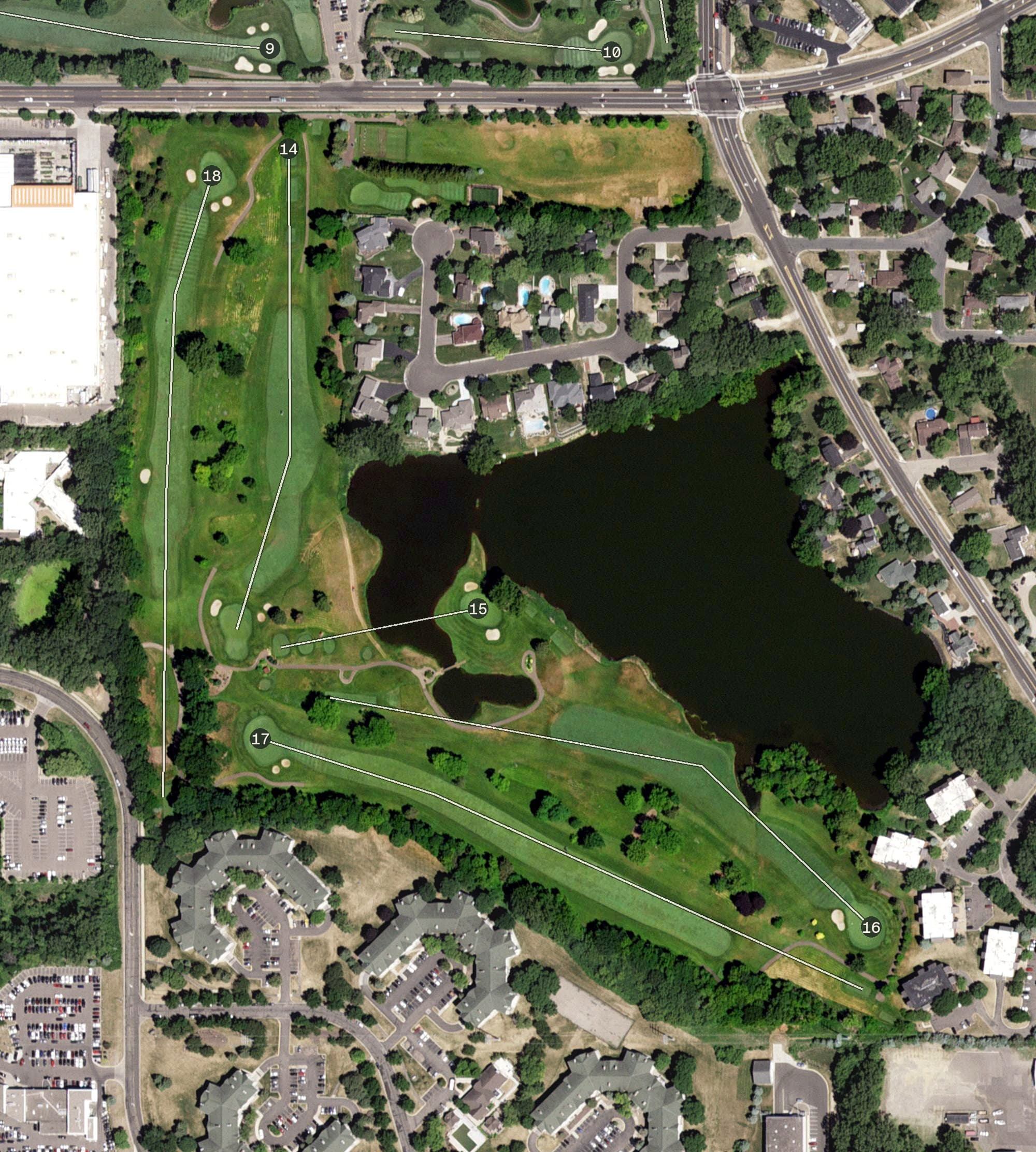 Aerial view of Southview Country Club, MN, with its hole routing marked
