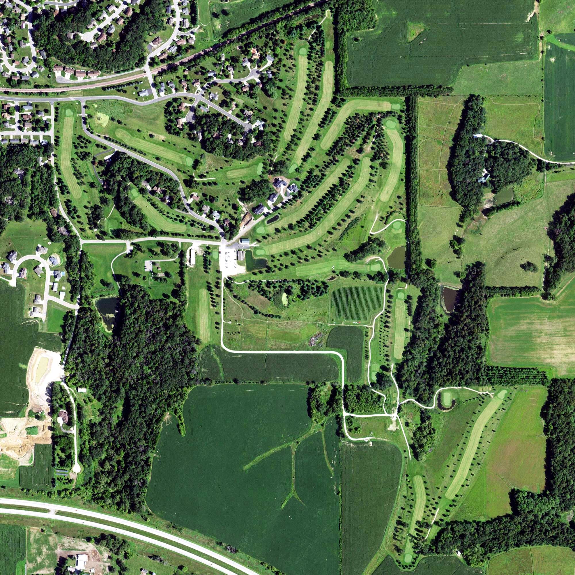 Aerial view of St. Charles Golf Club, MN, with its hole routing marked