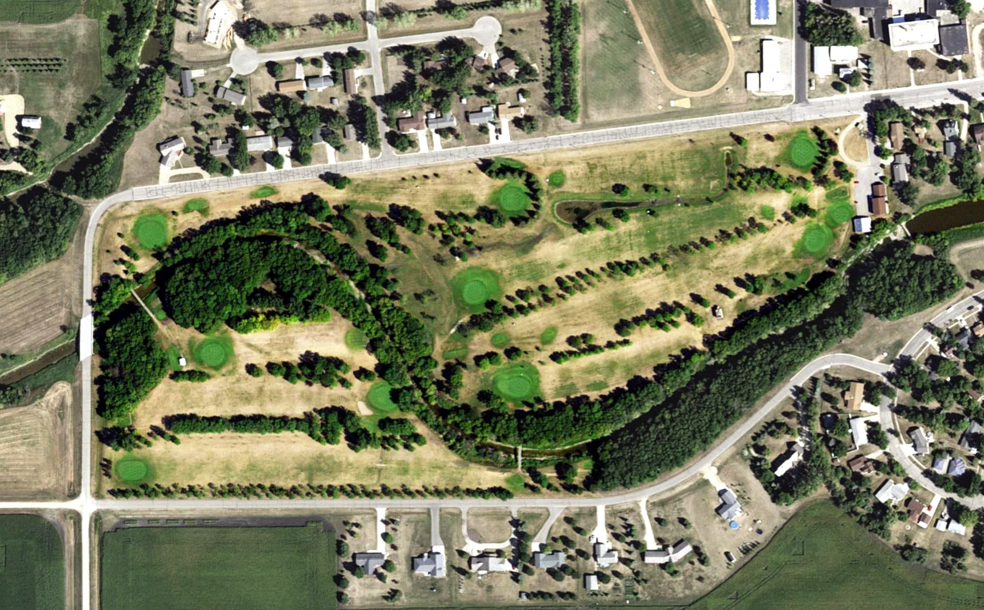 Aerial view of Stephen Golf Course, MN, with its hole routing marked