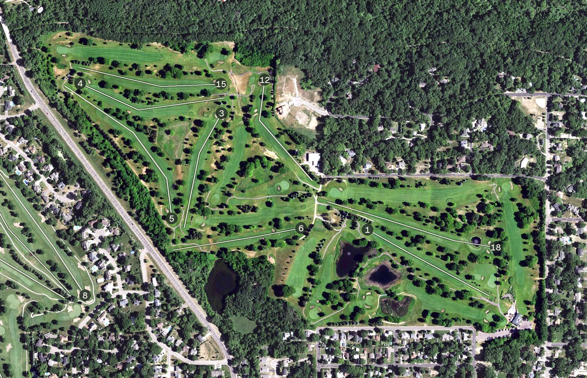 Aerial view of Stillwater Country Club, MN, with its hole routing marked