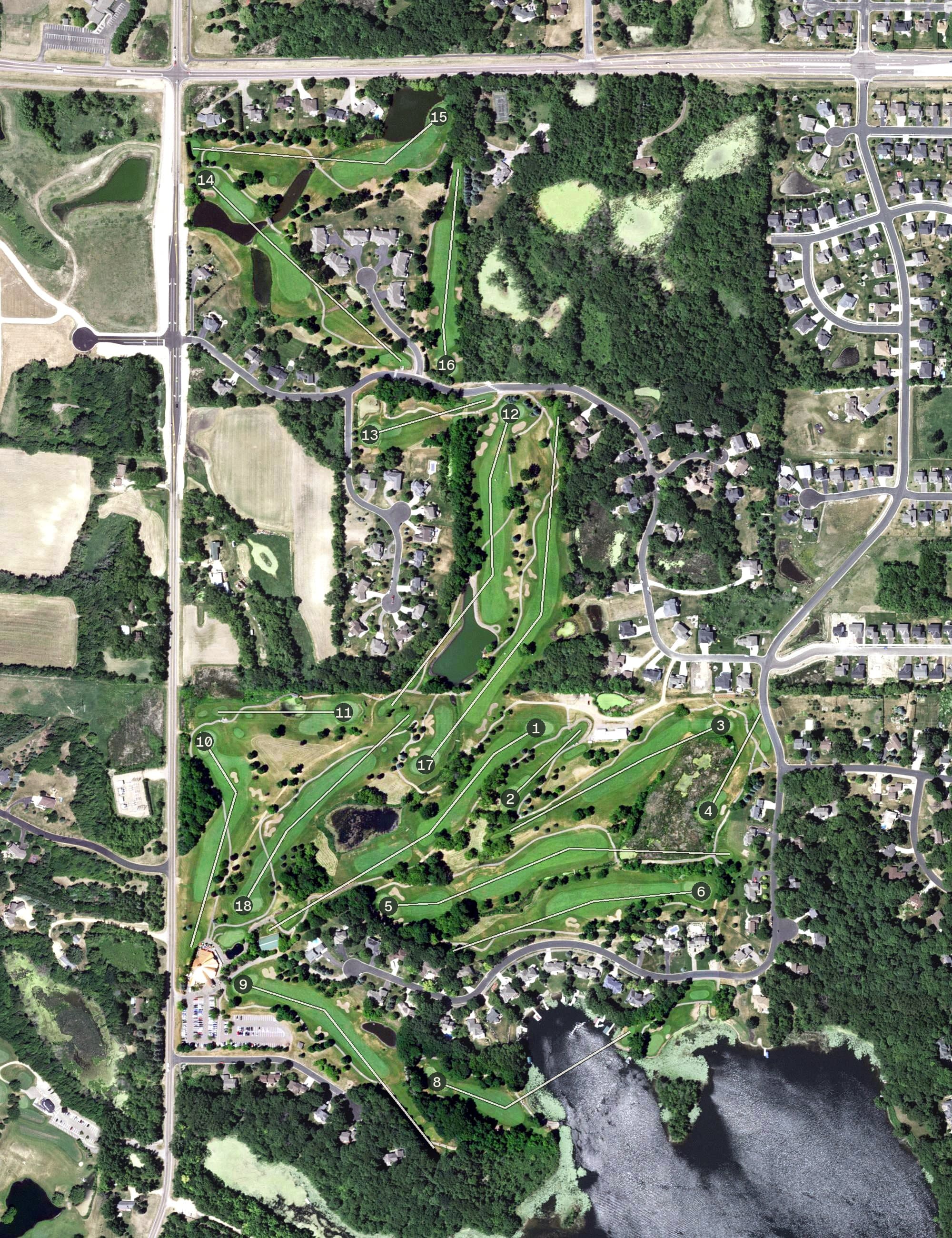 Aerial view of Stonebrooke Golf Course, MN, with its hole routing marked