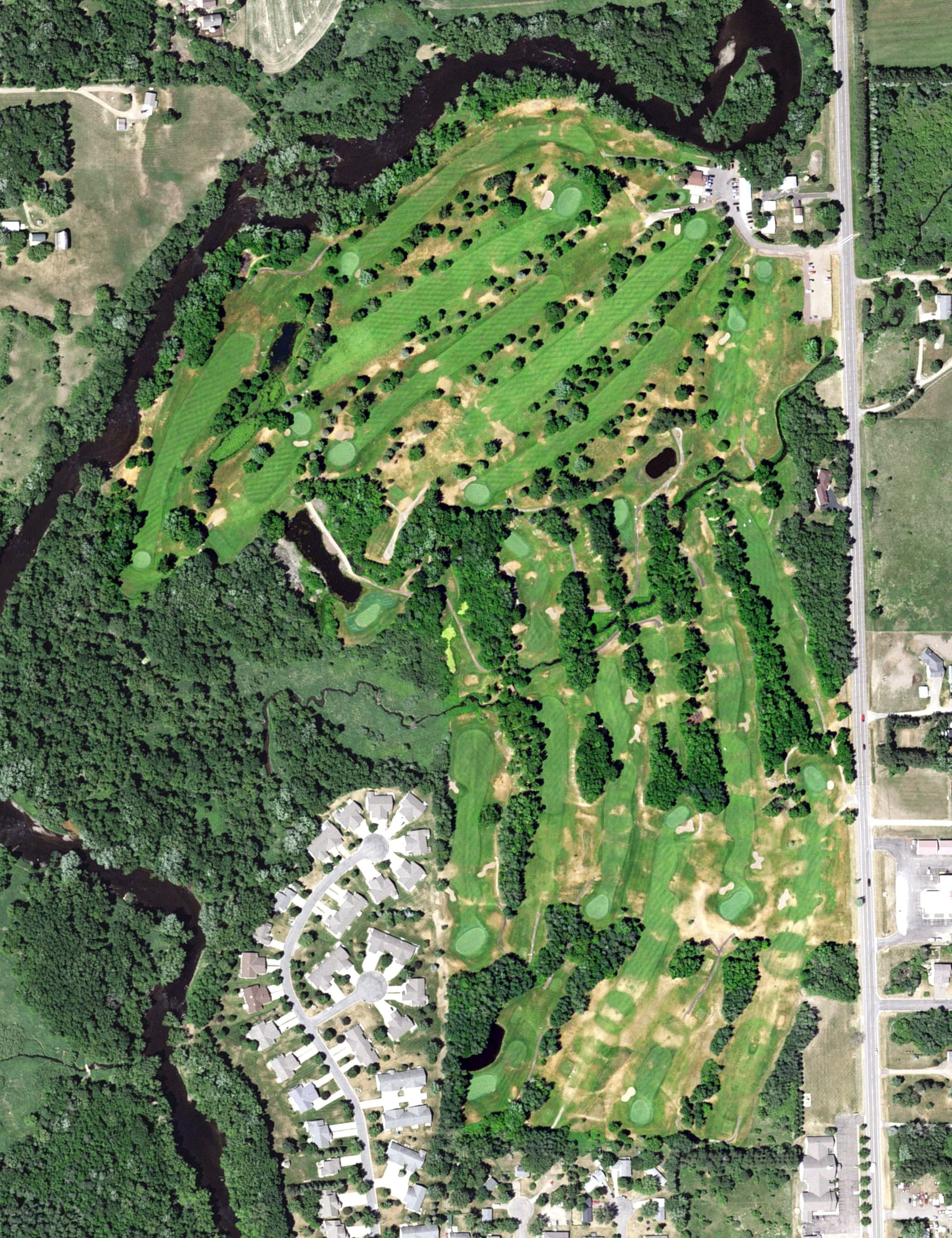 Aerial view of Stones Throw Golf Course, MN, with its hole routing marked