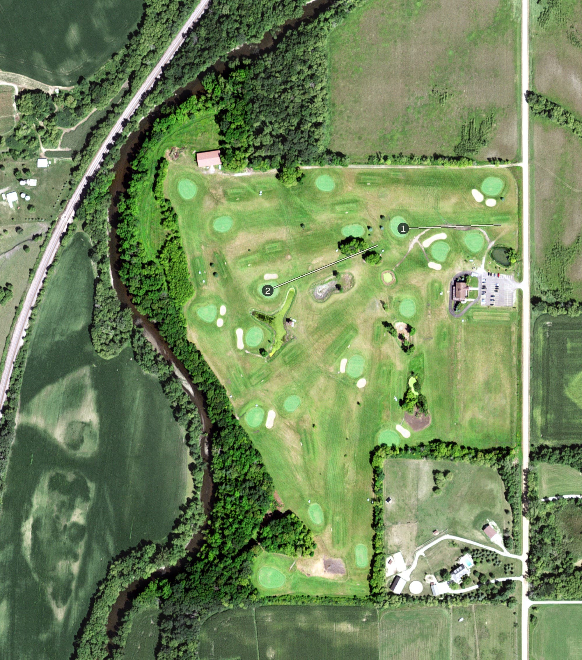 Aerial view of Straight River Golf Course, MN, with its hole routing marked