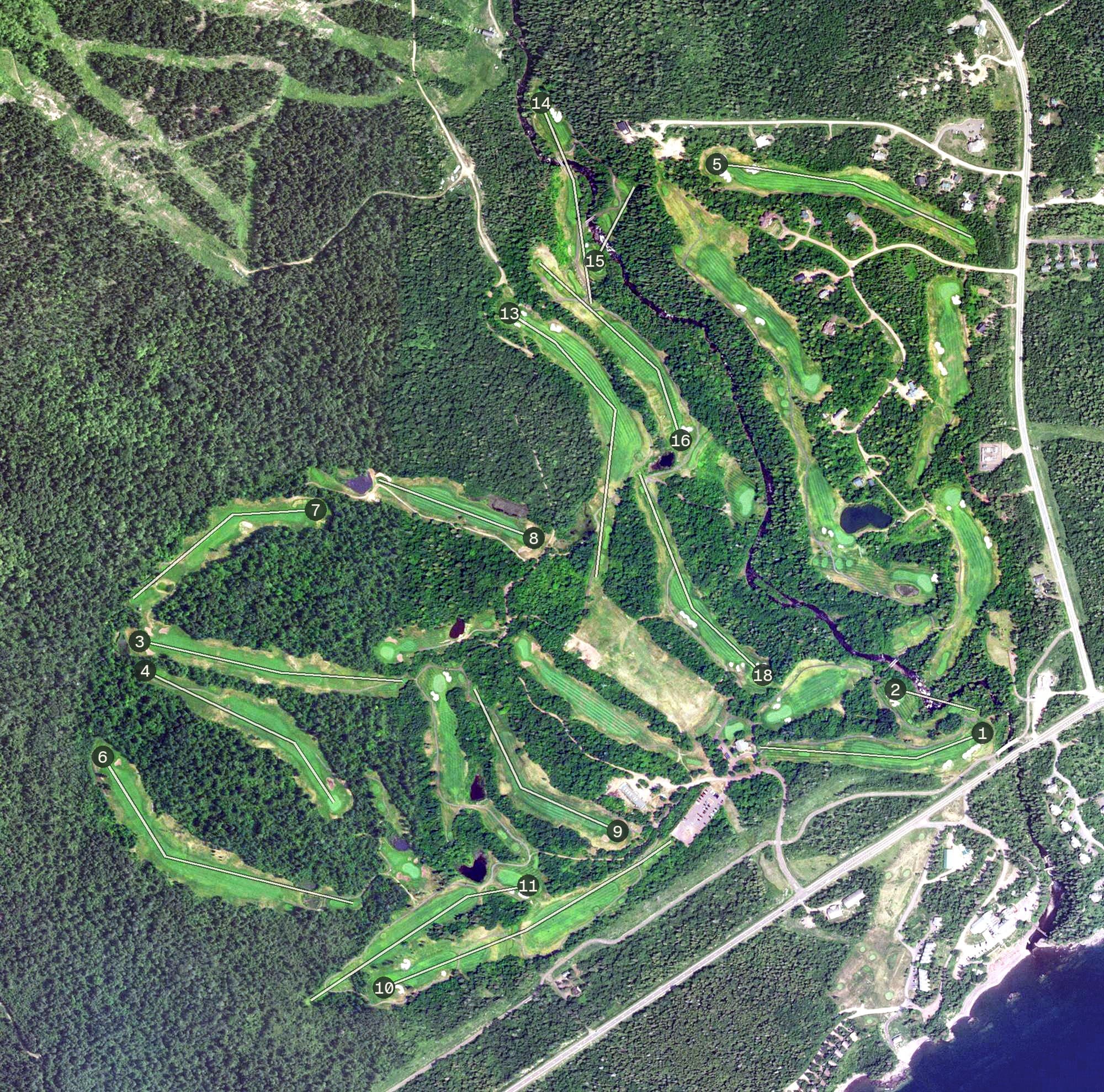 Aerial view of Superior National at Lutsen-Golf Course, MN, with its hole routing marked