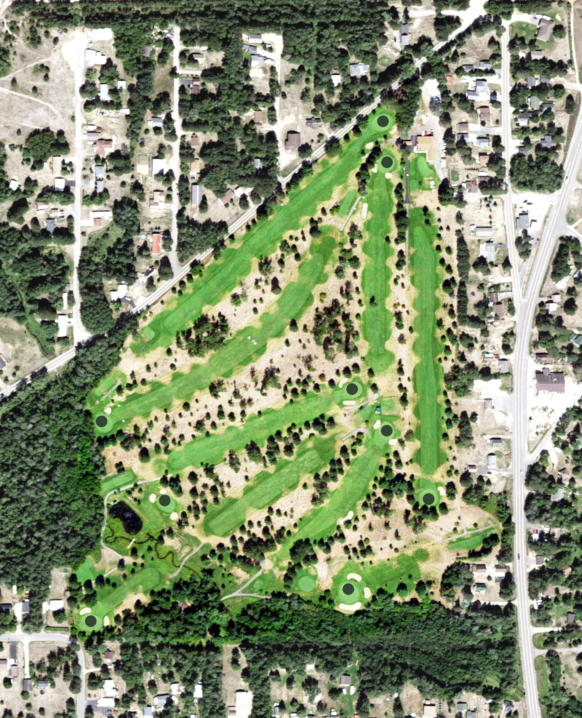 Aerial view of Swan Lake Country Club, MN, with its hole routing marked