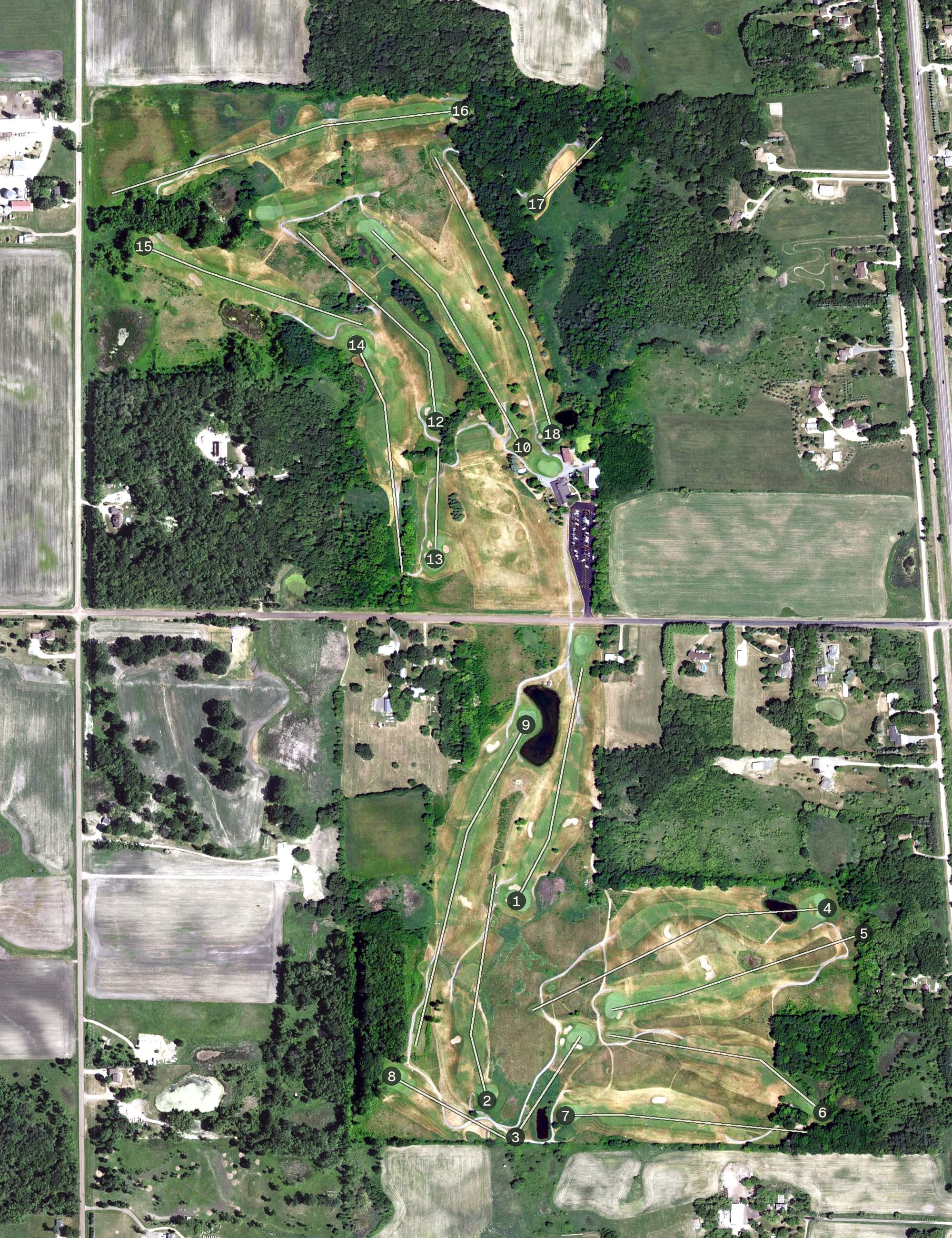 Aerial view of Tanner's Brook, MN, with its hole routing marked