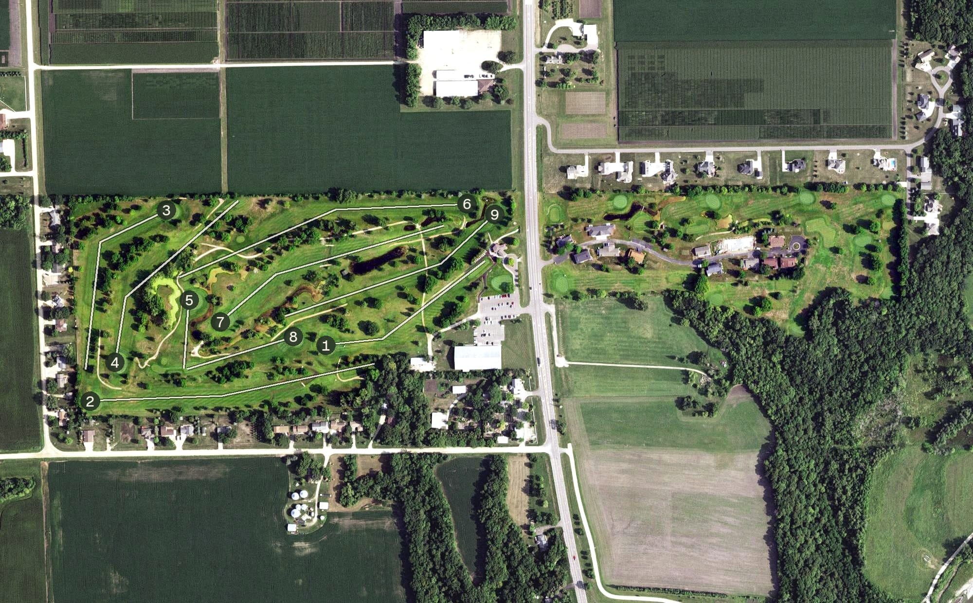 Aerial view of Terrace View Golf Course, MN, with its hole routing marked