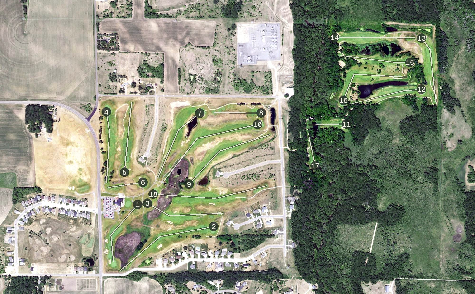 Aerial view of Territory Golf Club, MN, with its hole routing marked