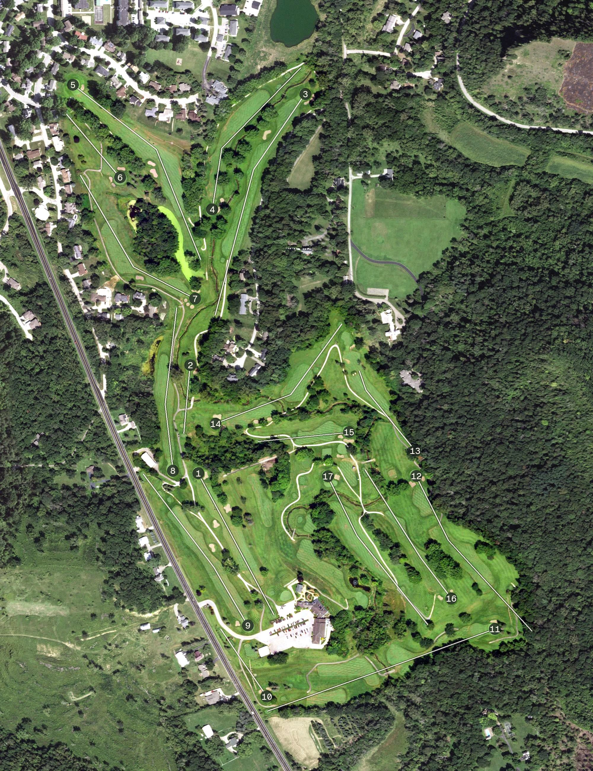 Aerial view of The Bridges, MN, with its hole routing marked