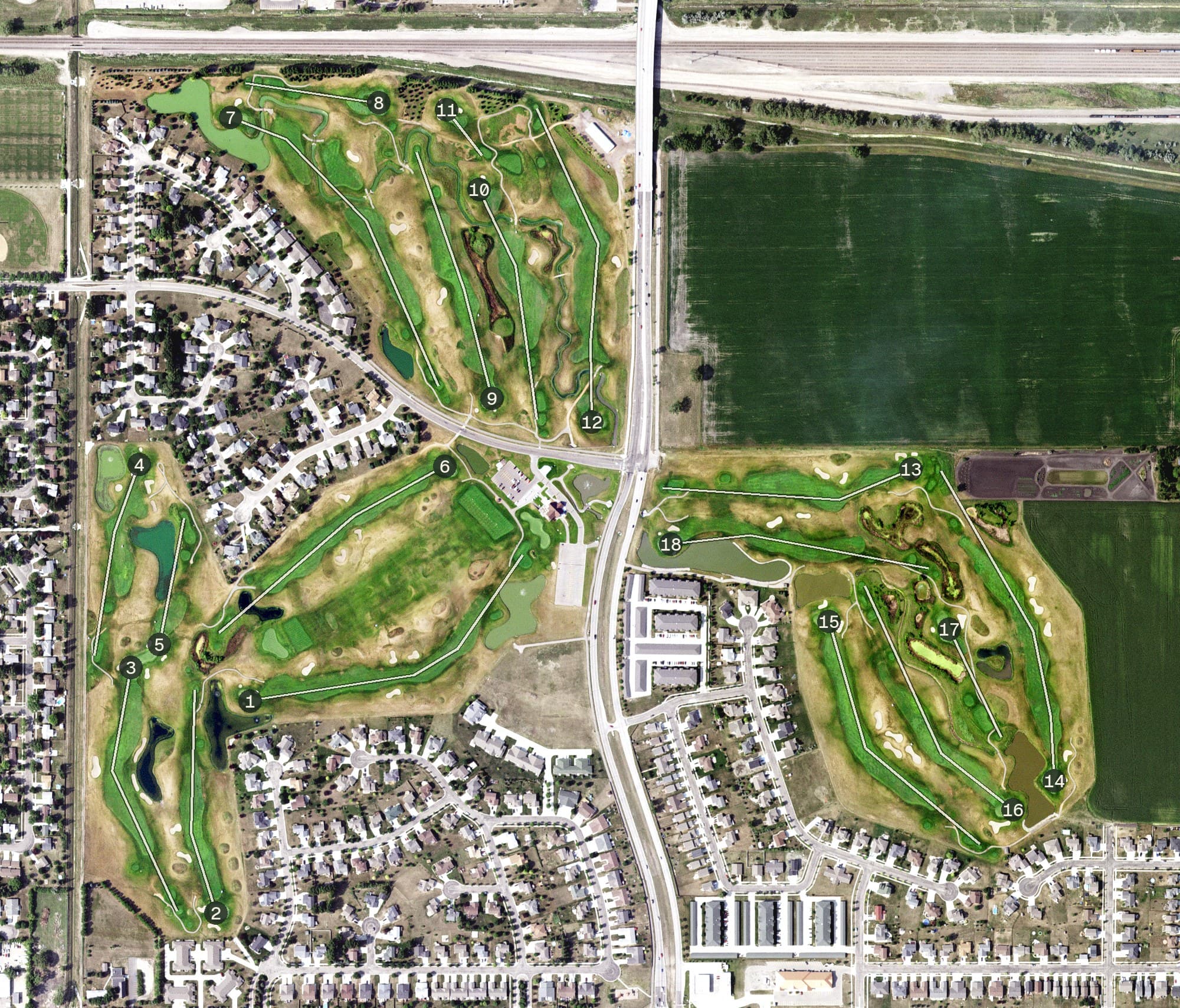 Aerial view of The Meadows, MN, with its hole routing marked