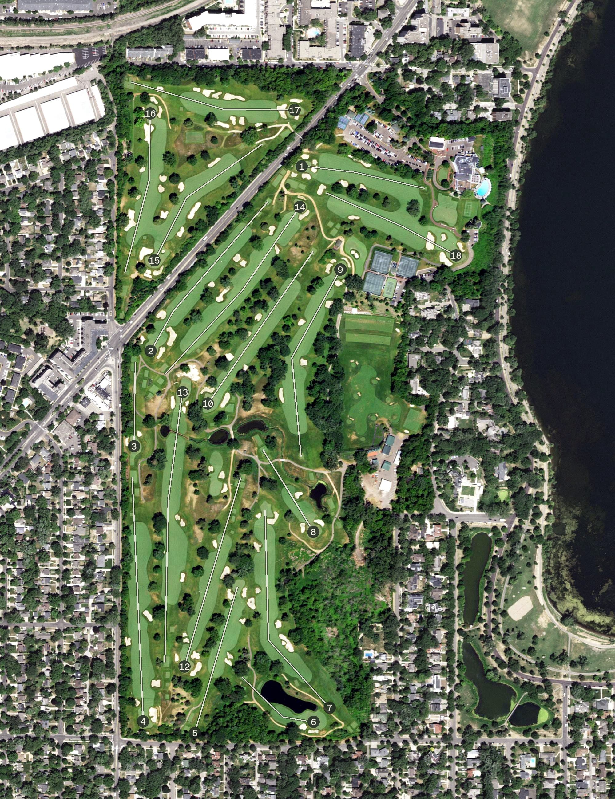 Aerial view of The Minikahda Club, MN, with its hole routing marked