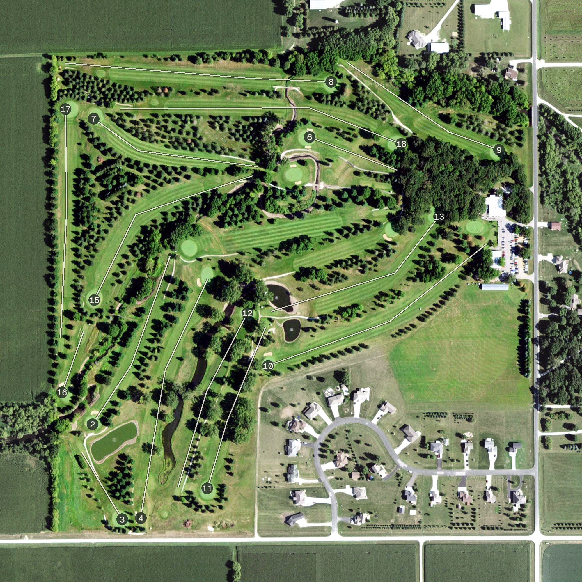 Aerial view of The Oaks Golf Club, MN, with its hole routing marked