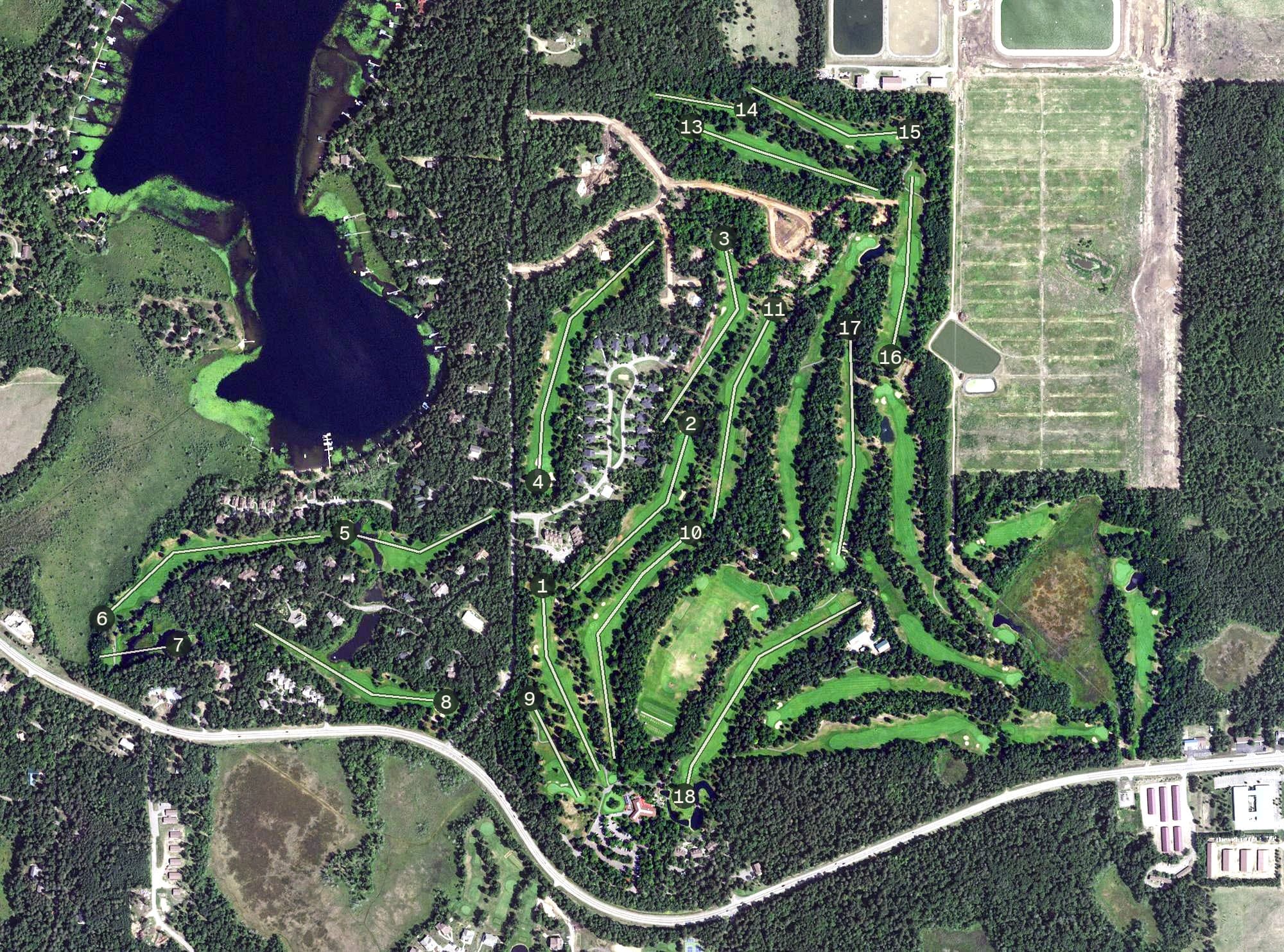 Aerial view of The Pines, MN, with its hole routing marked