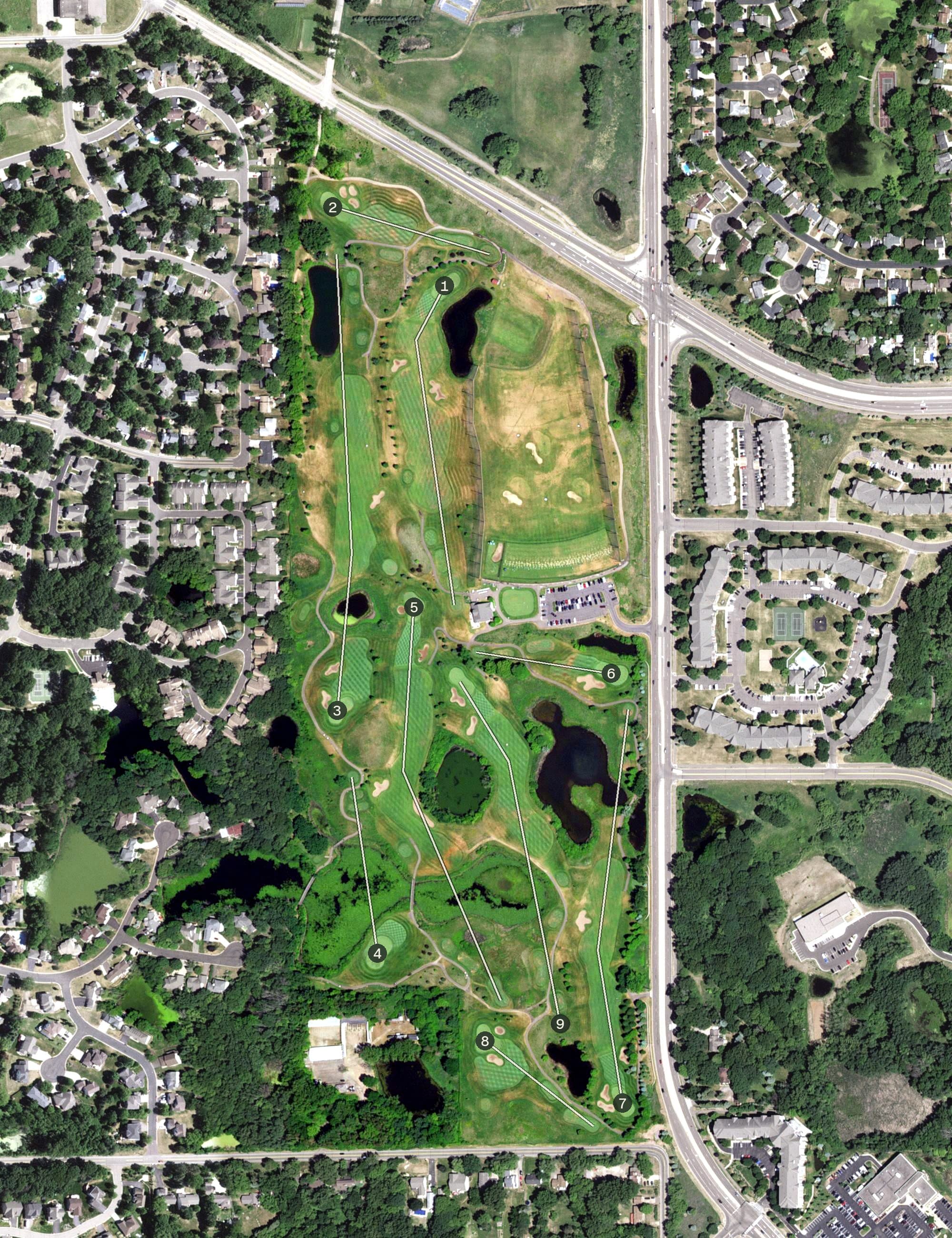 Aerial view of The Ponds at Battle Creek, MN, with its hole routing marked