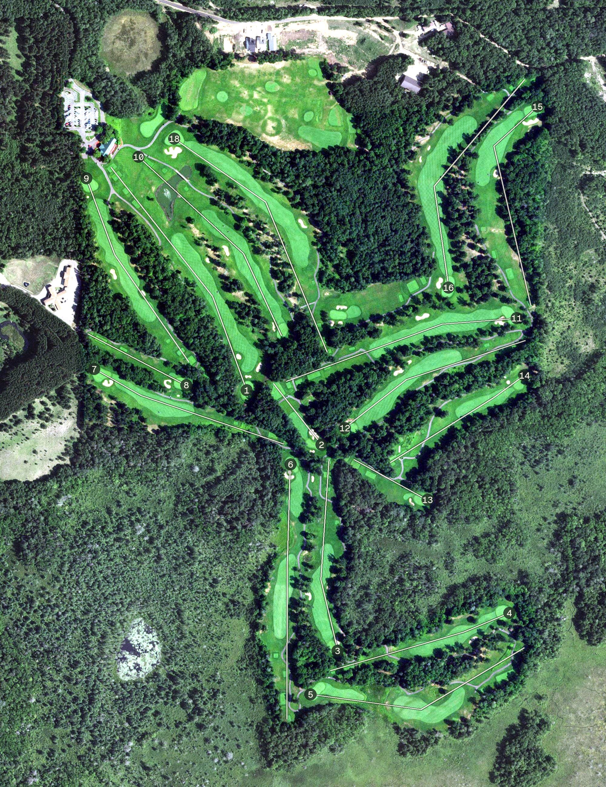 Aerial view of The Preserve, MN, with its hole routing marked