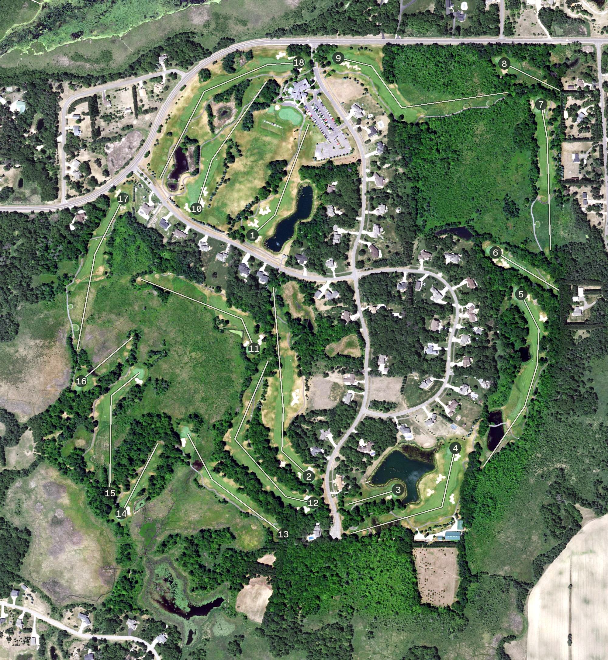 Aerial view of The Refuge Golf Course, MN, with its hole routing marked