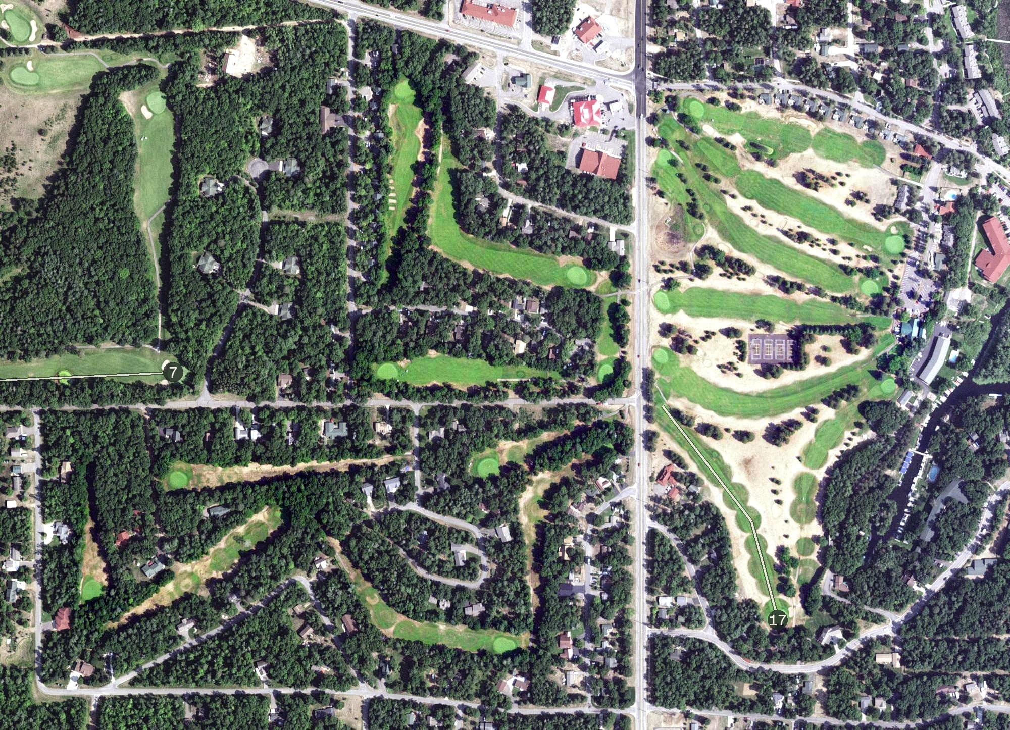 Aerial view of The Traditional, MN, with its hole routing marked