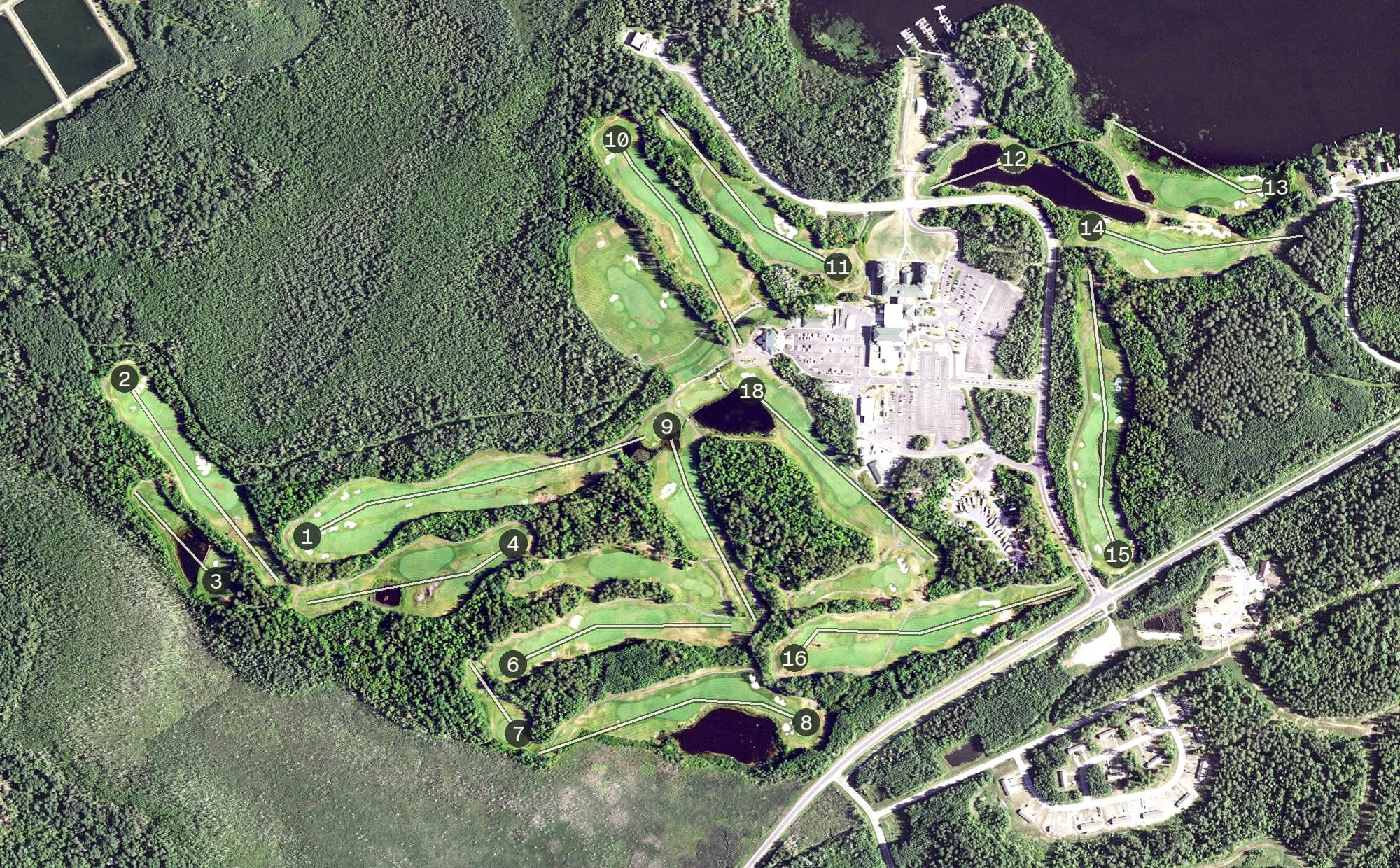 Aerial view of The Wilderness at Fortune Bay, MN, with its hole routing marked