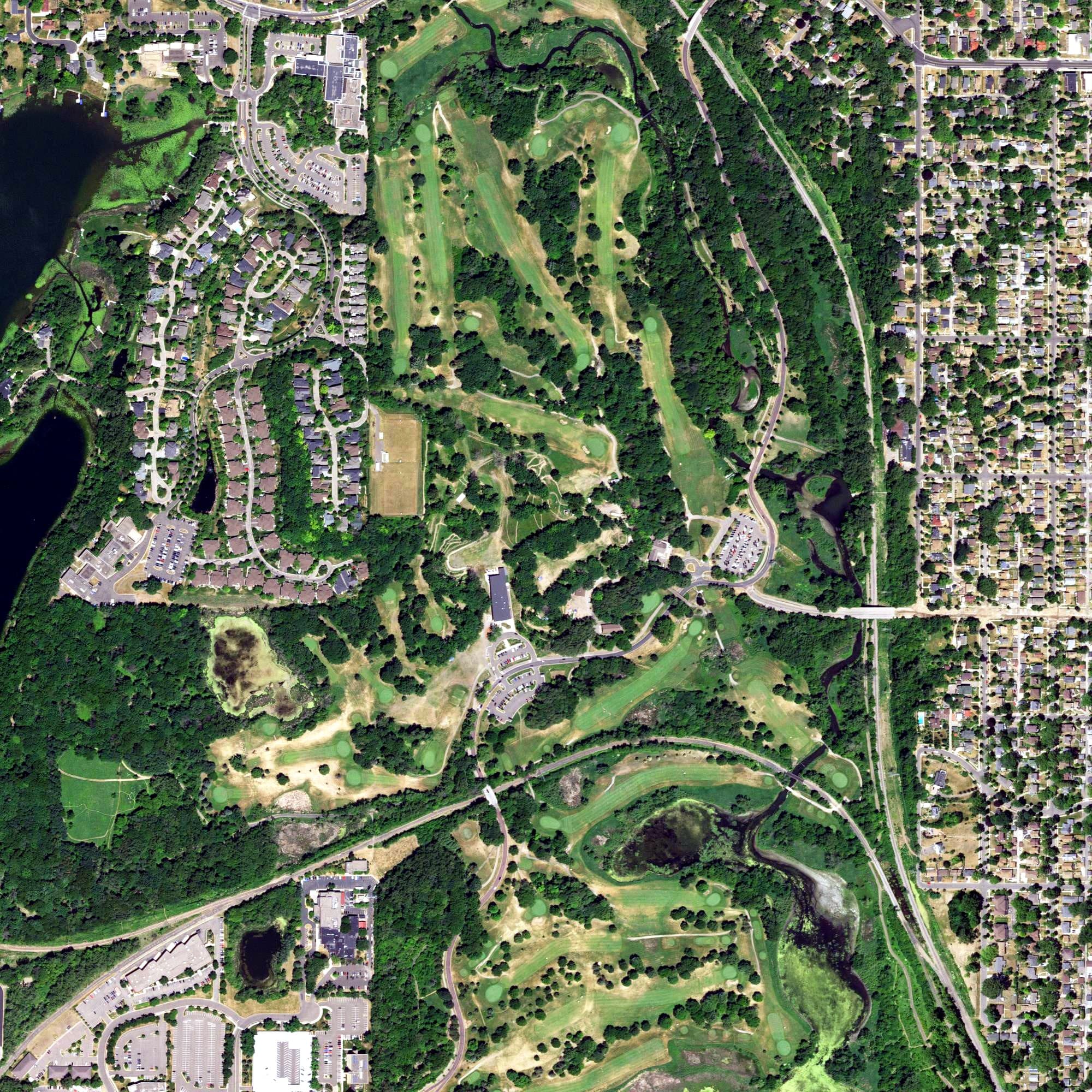 Aerial view of Theodore Wirth Golf Course, MN, with its hole routing marked