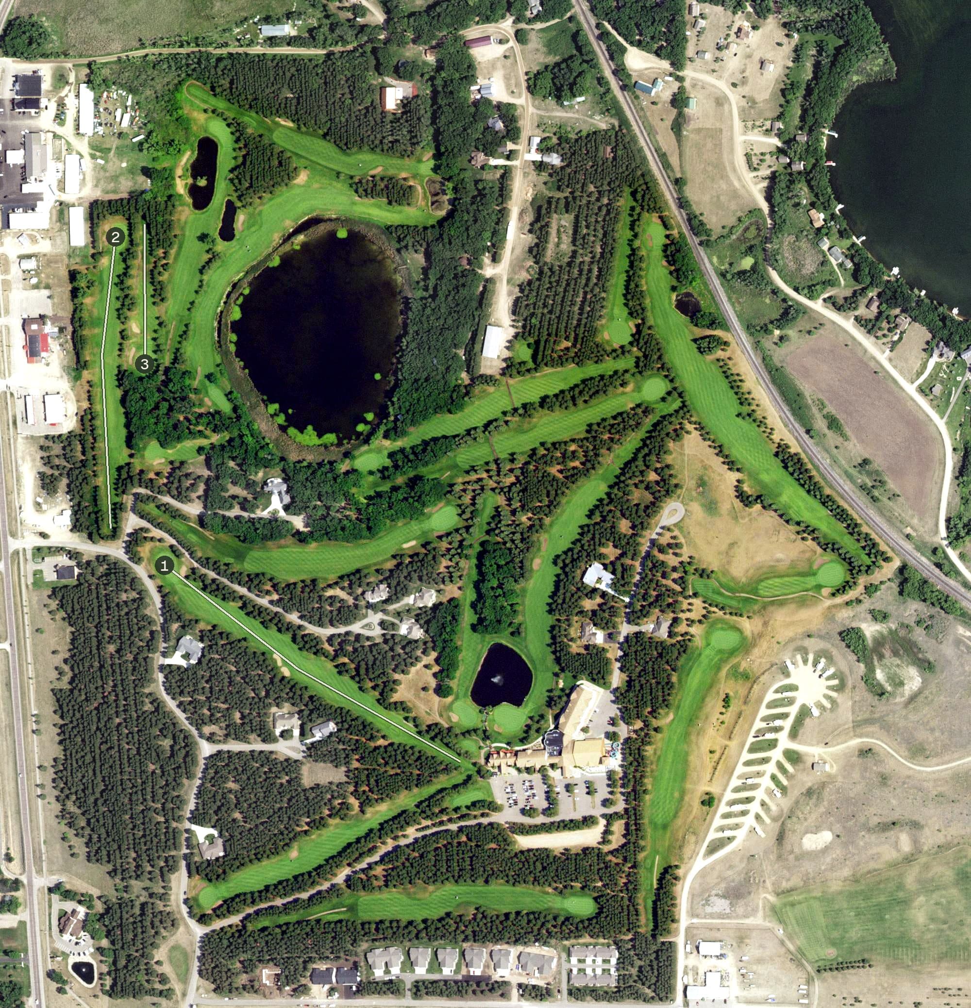 Aerial view of Thumper Pond, MN, with its hole routing marked