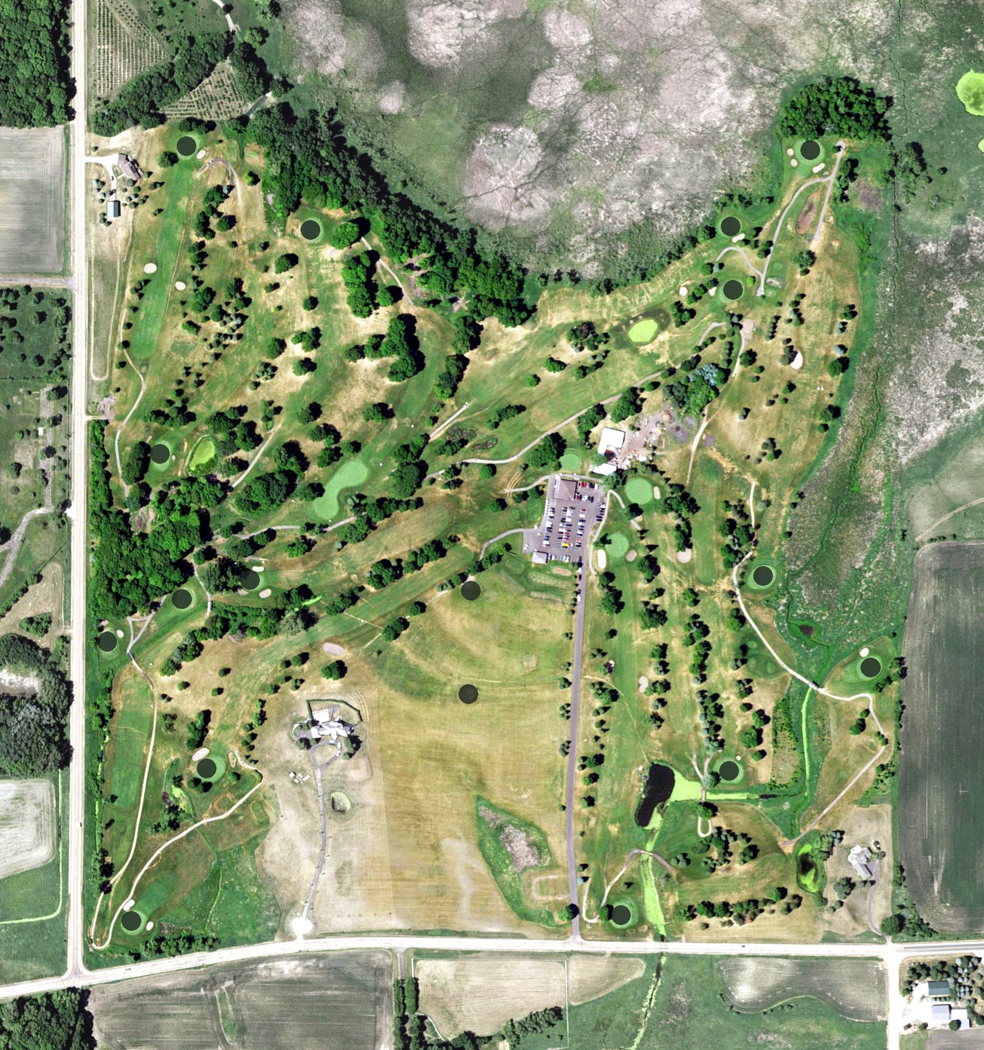 Aerial view of Timber Creek Golf Course, MN, with its hole routing marked