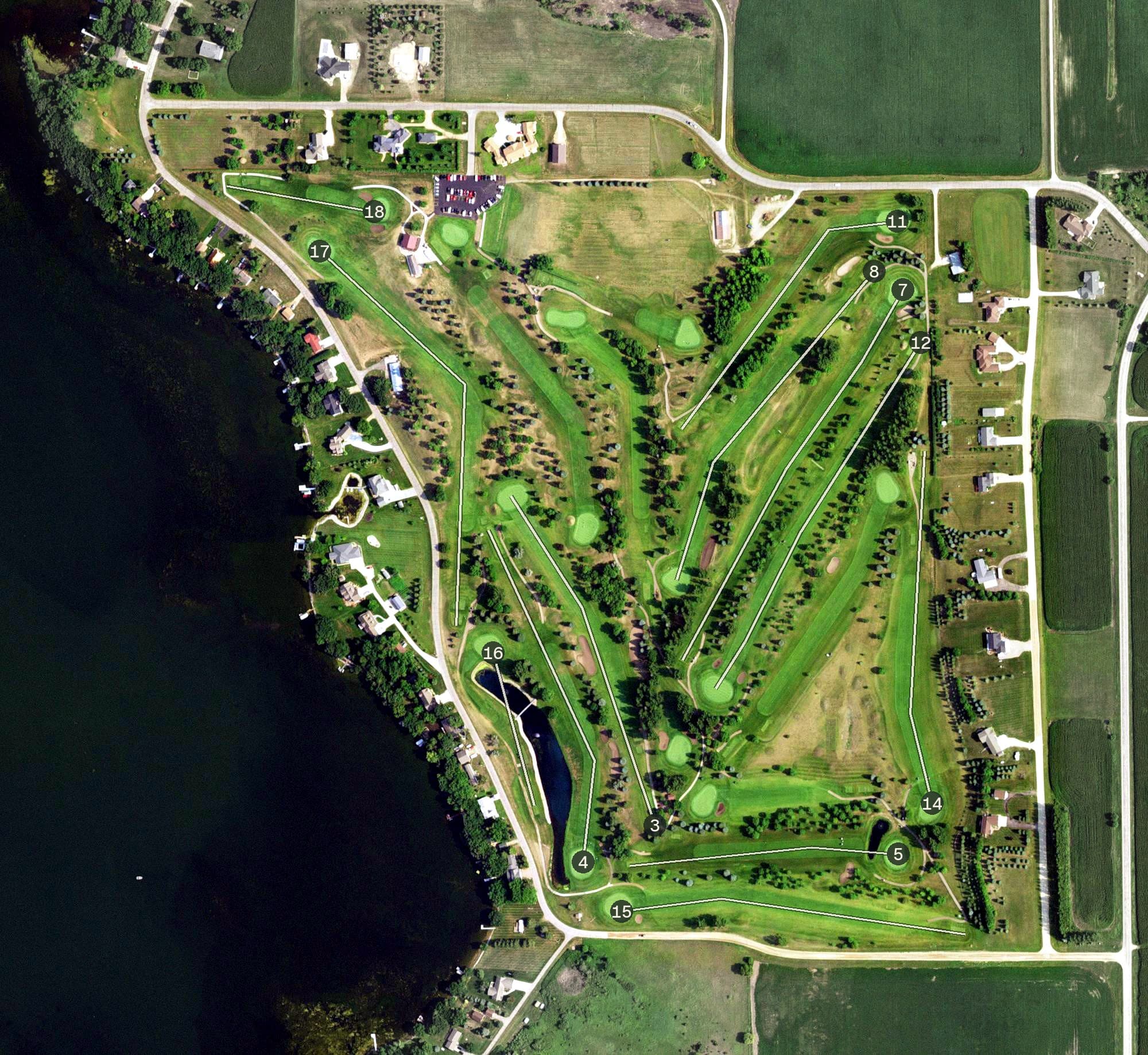 Aerial view of Tipsinah Mounds, MN, with its hole routing marked
