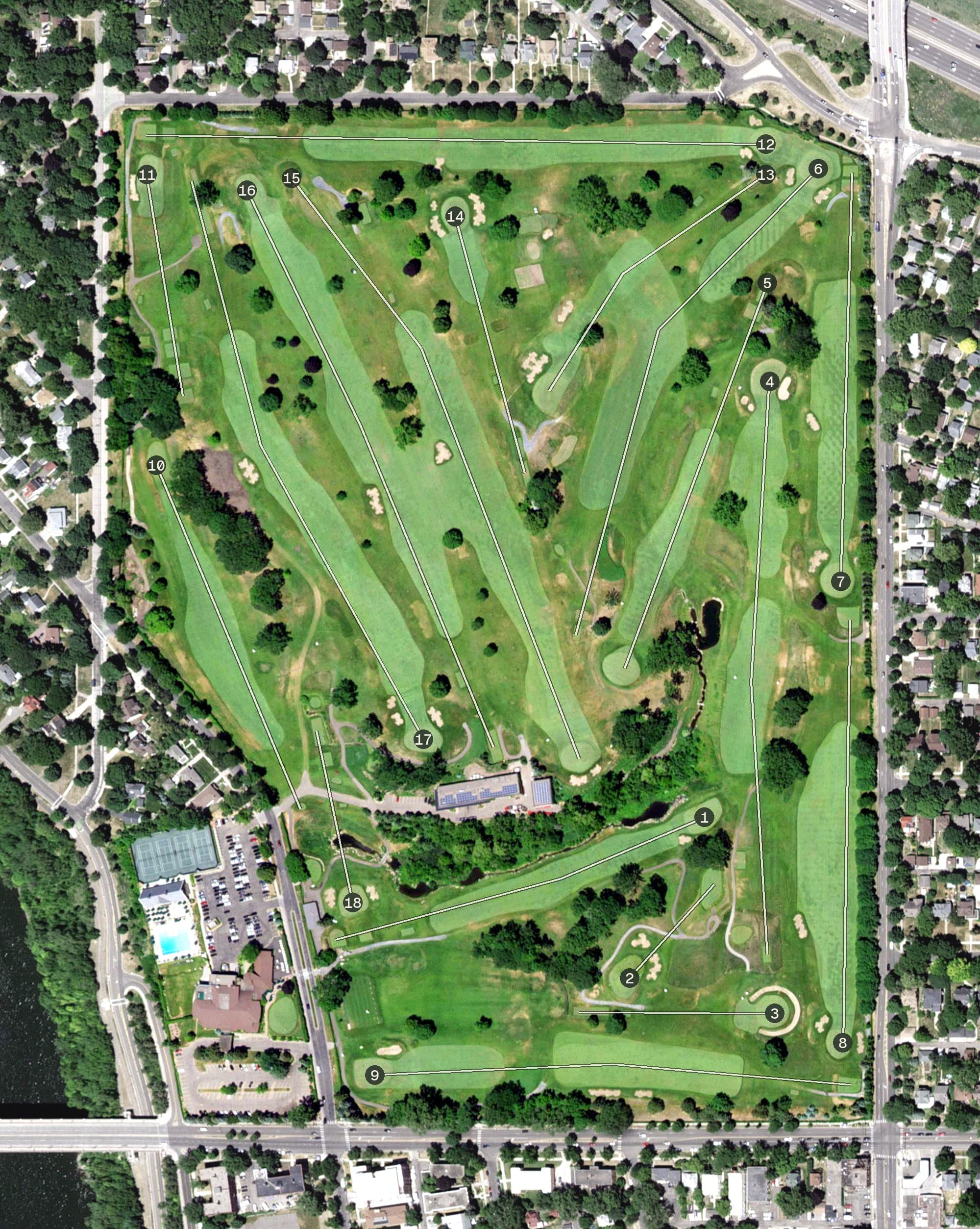 Aerial view of Town & Country Club, MN, with its hole routing marked