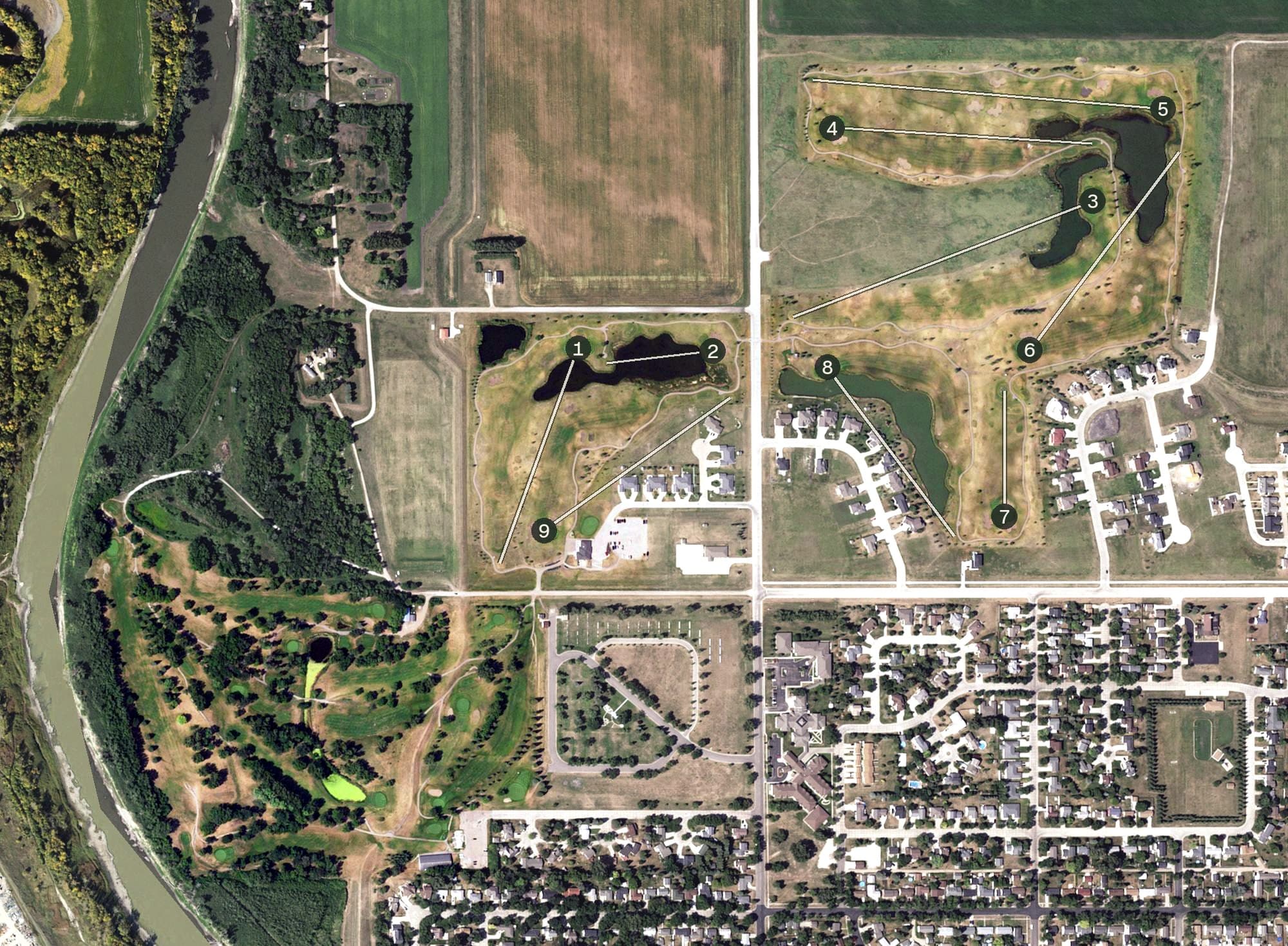 Aerial view of Valley Golf Course, MN, with its hole routing marked