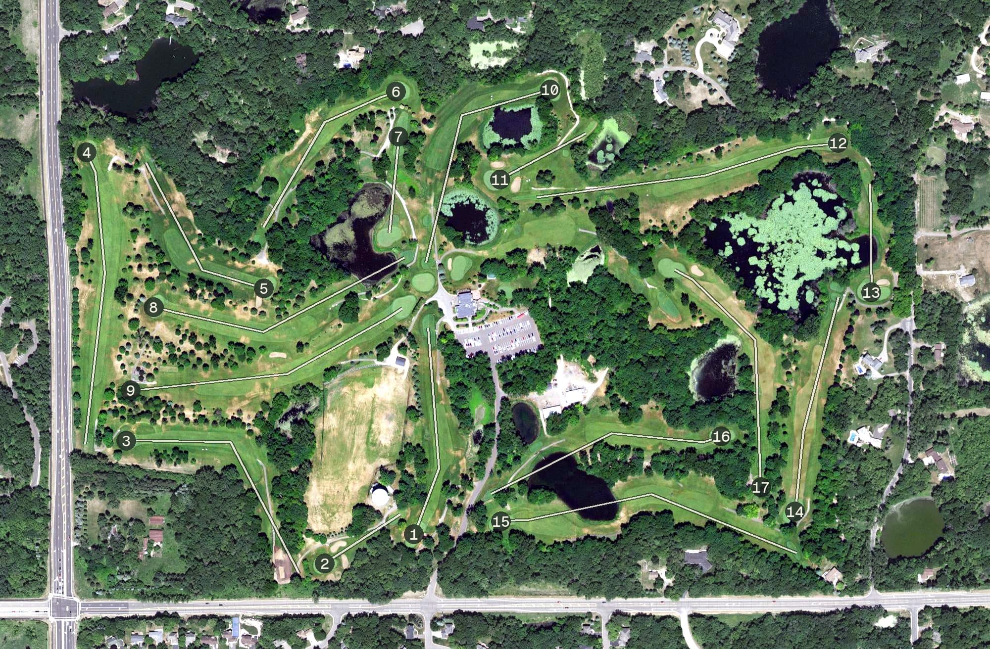 Aerial view of Valleywood Golf Course, MN, with its hole routing marked