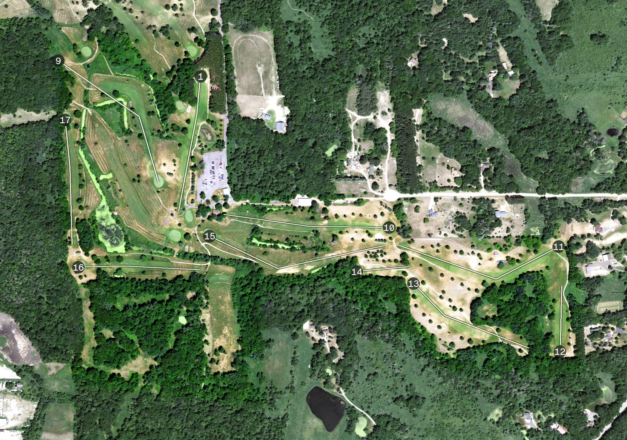 Aerial view of Viking Meadows Golf Club, MN, with its hole routing marked