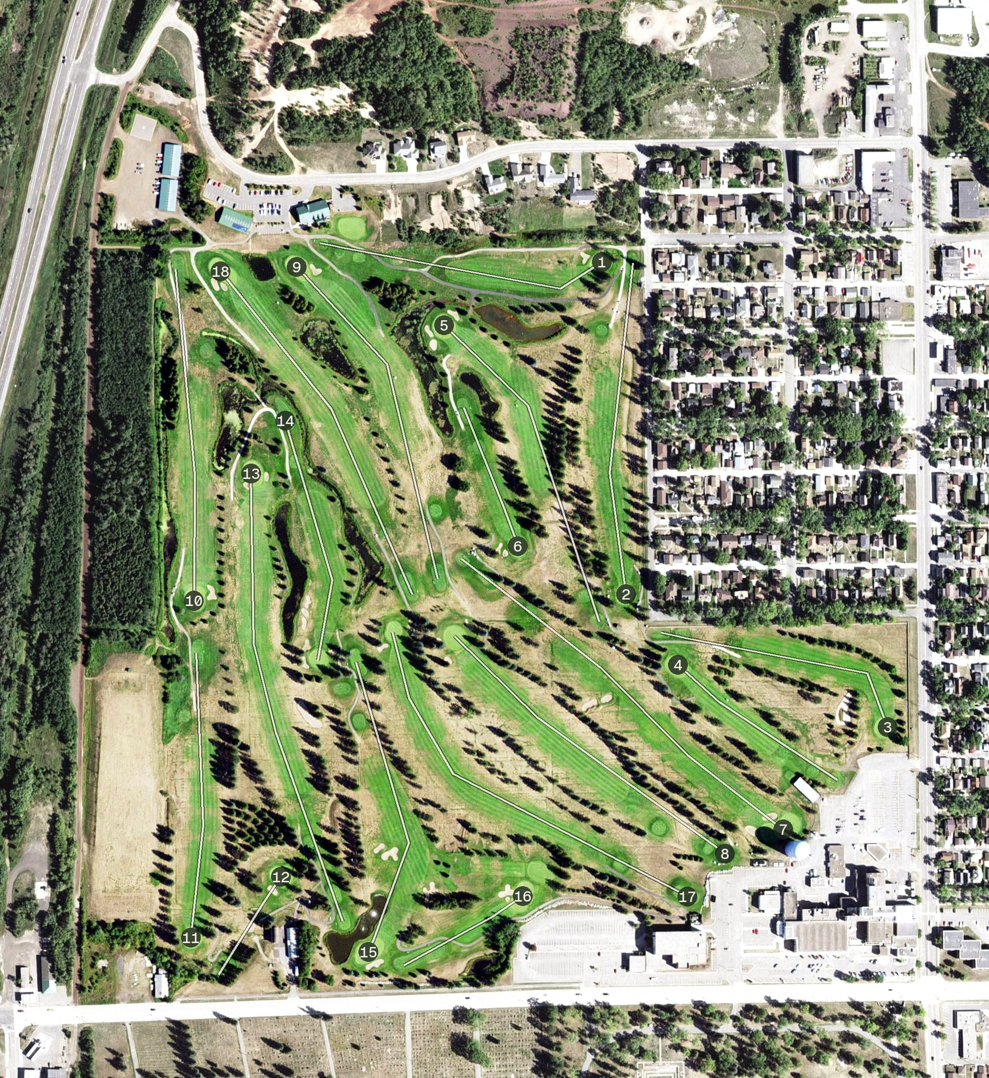 Aerial view of Virginia Golf Course, MN, with its hole routing marked