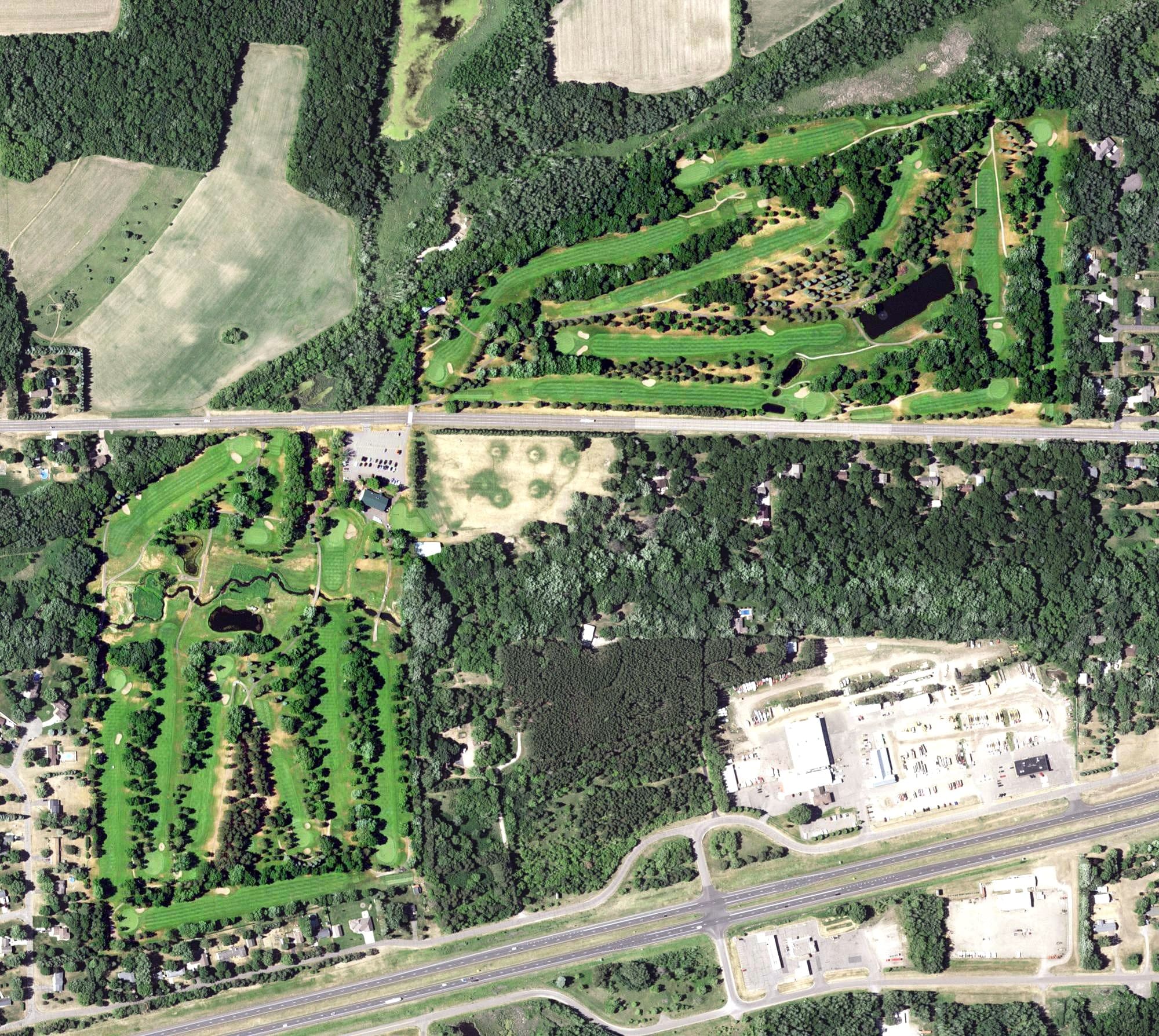 Aerial view of Wapicada Golf Club, MN, with its hole routing marked