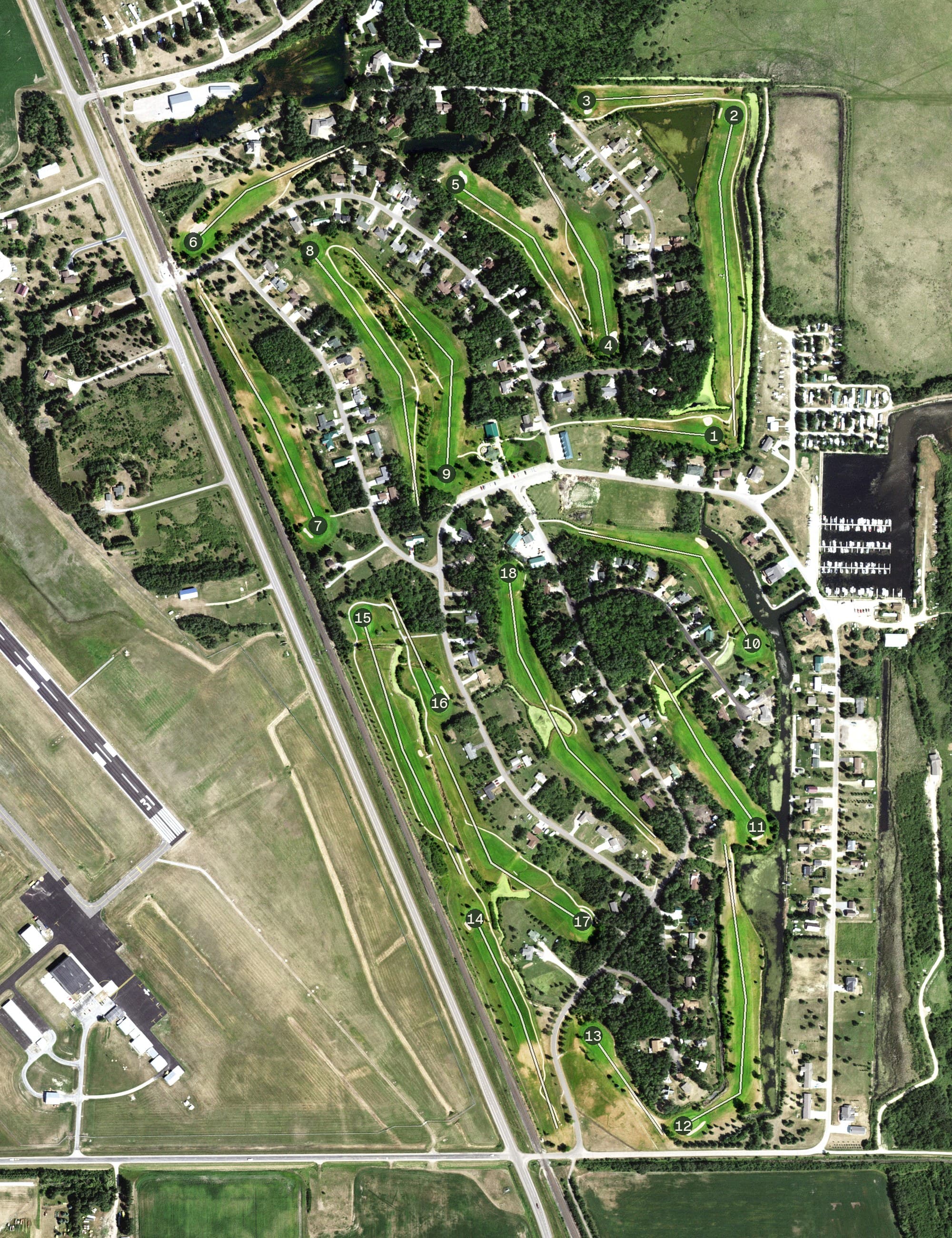Aerial view of Warroad Estates Golf Course, MN, with its hole routing marked