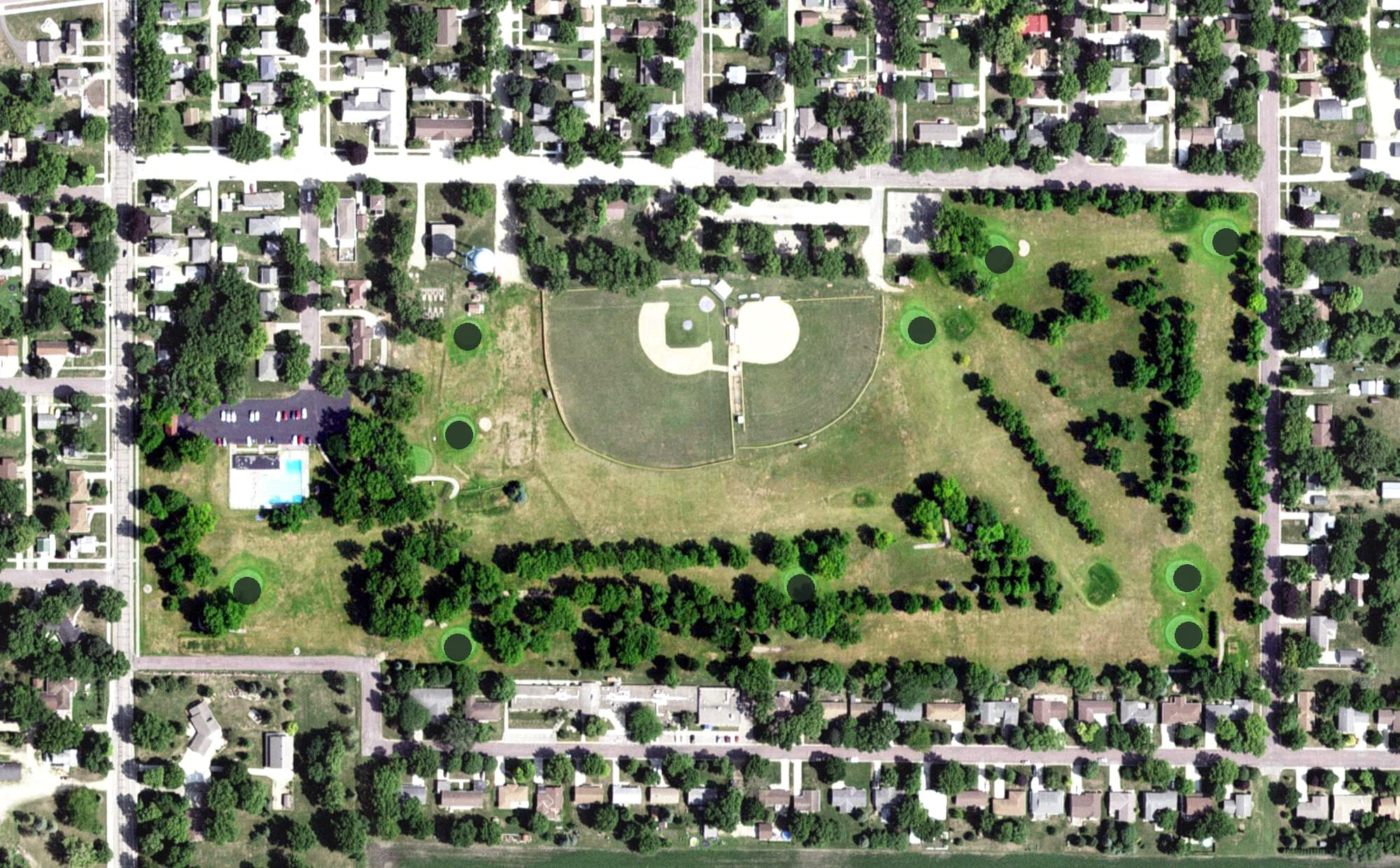 Aerial view of Wells Golf Course, MN, with its hole routing marked