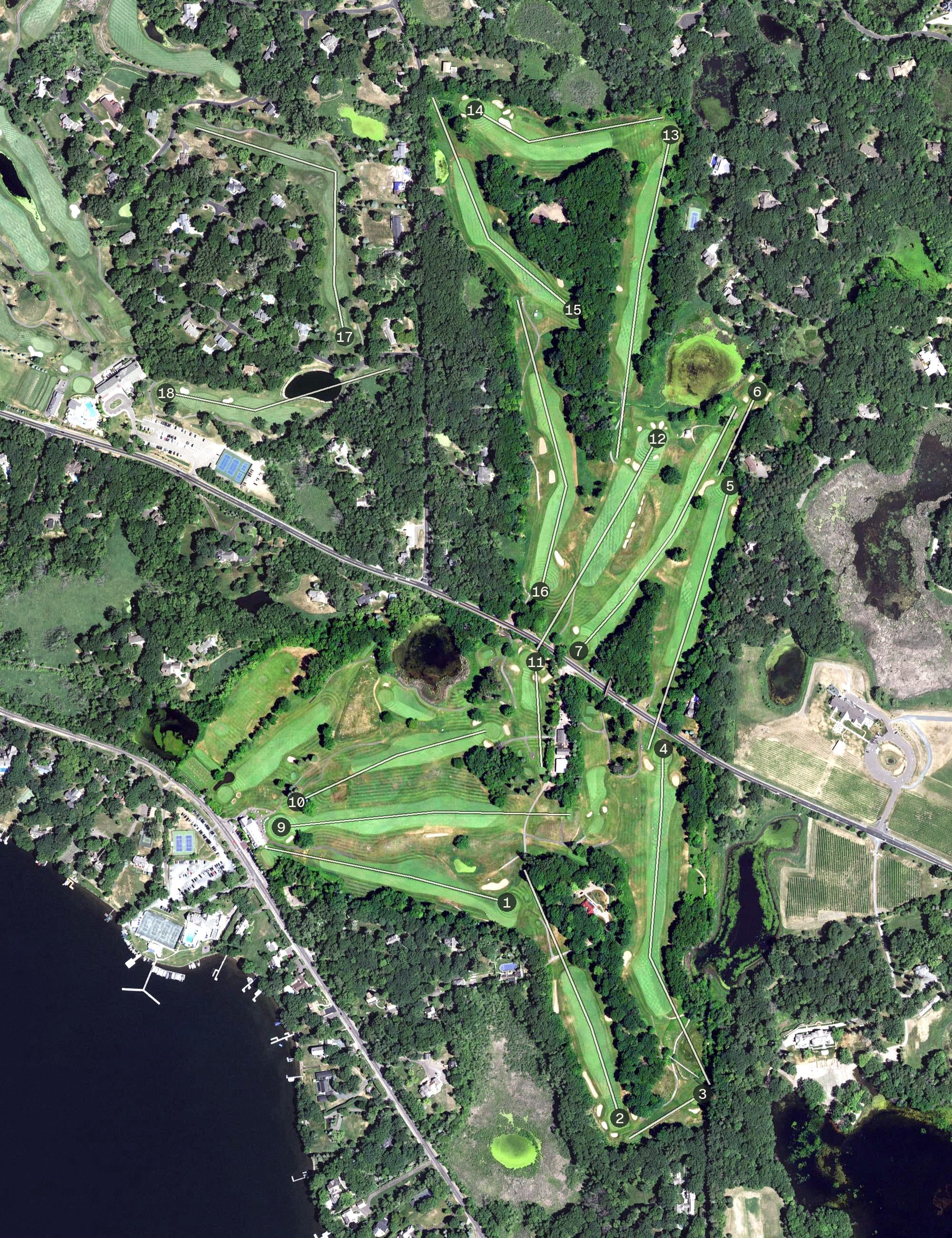 Aerial view of White Bear Yacht Club, MN, with its hole routing marked