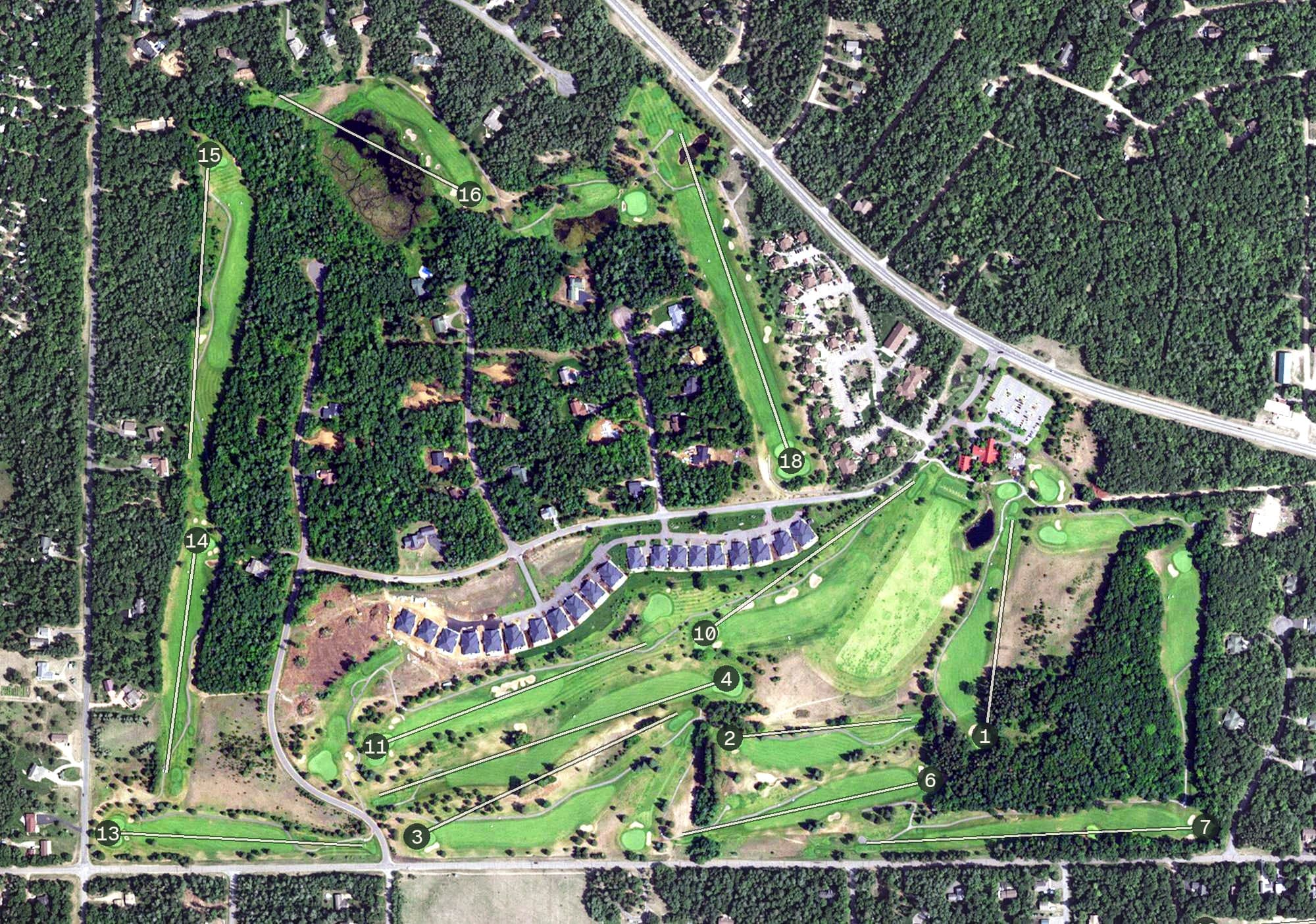 Aerial view of Whitebirch Golf Course, MN, with its hole routing marked