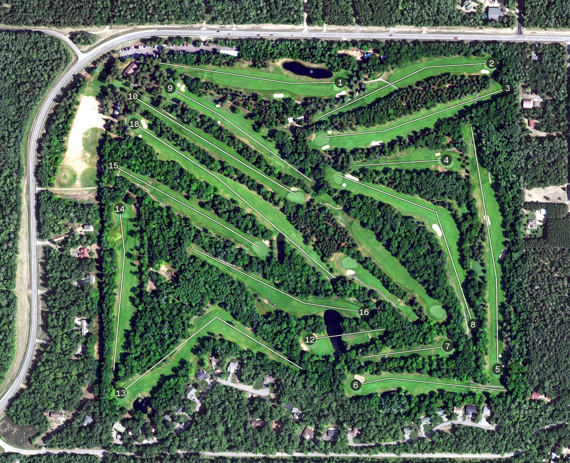 Aerial view of Whitefish Golf club, MN, with its hole routing marked