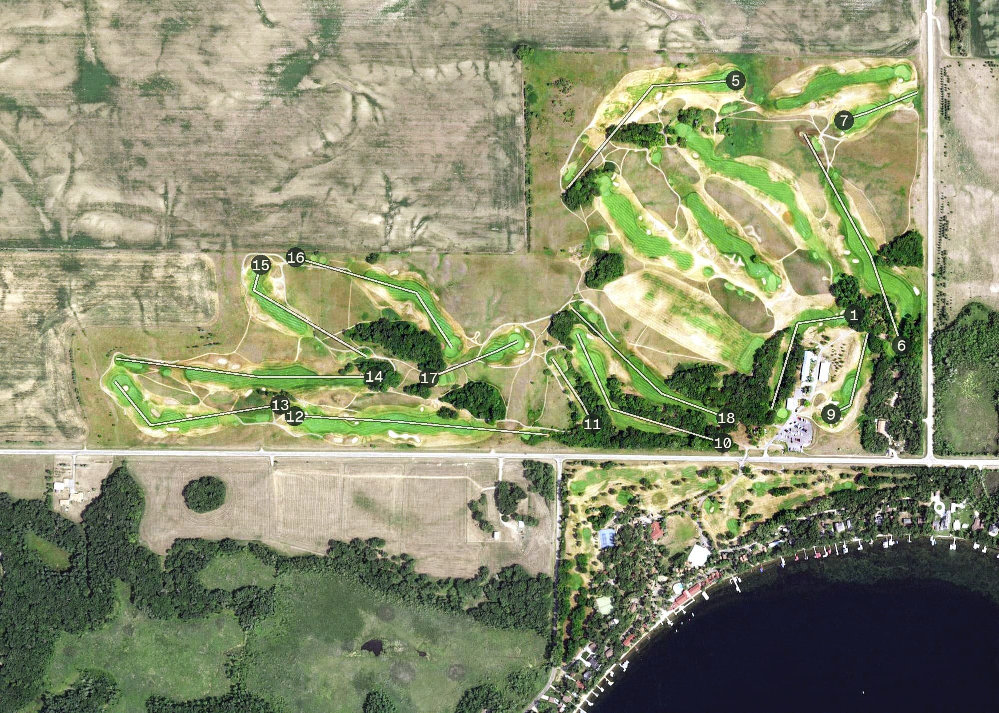 Aerial view of Wildflower GC, MN, with its hole routing marked