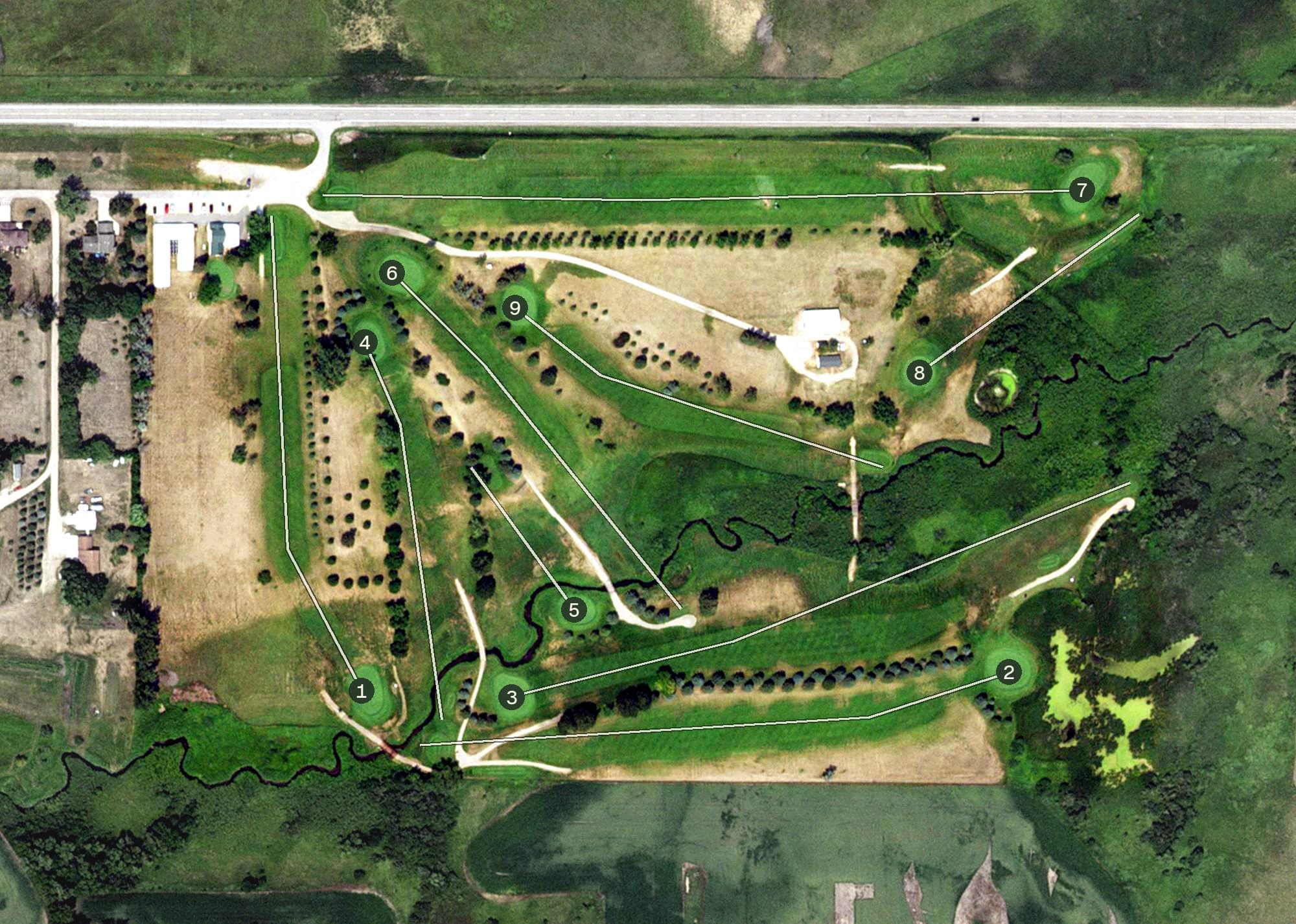 Aerial view of Willow Creek Municiple Golf Course, MN, with its hole routing marked