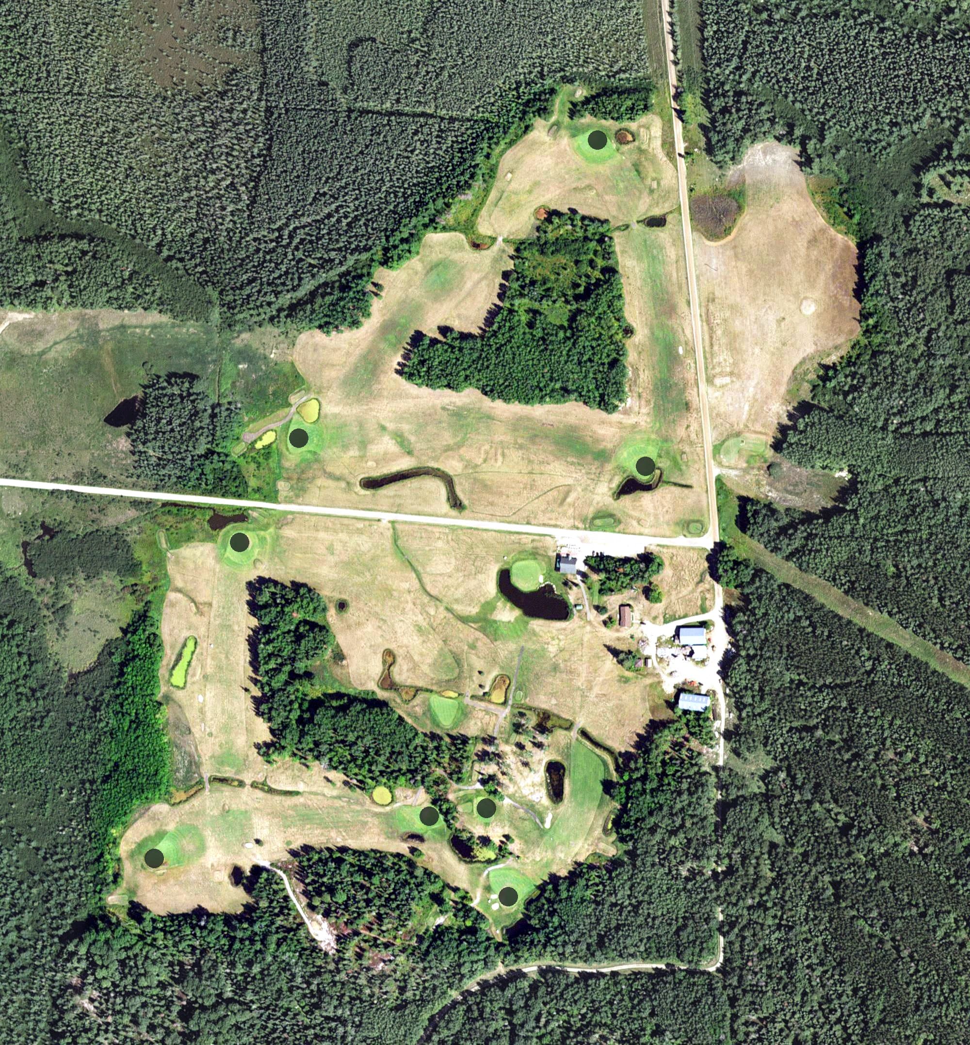 Aerial view of Wolfridge Golf Course, MN, with its hole routing marked