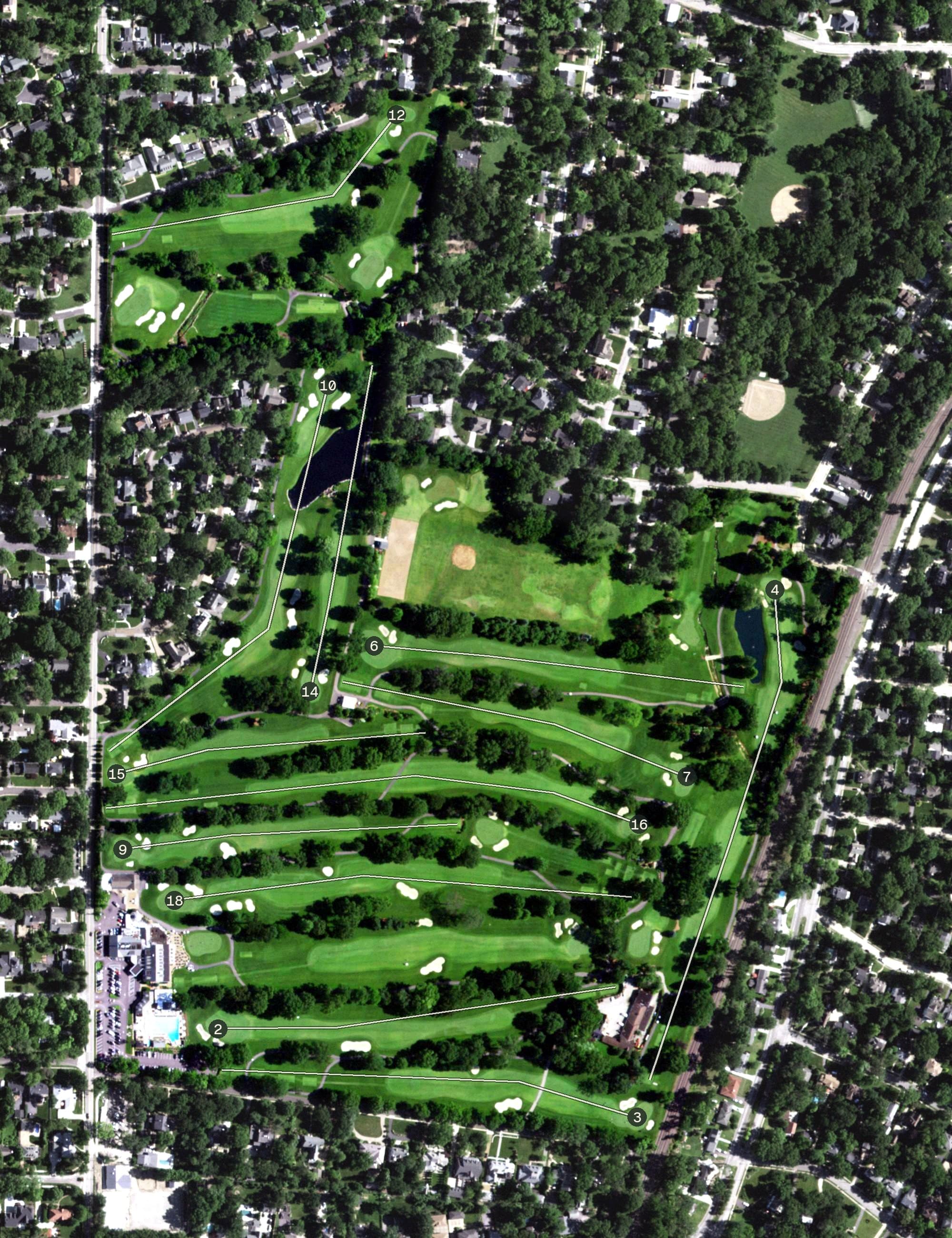 Aerial view of Algonquin Golf Club, MO, with its hole routing marked