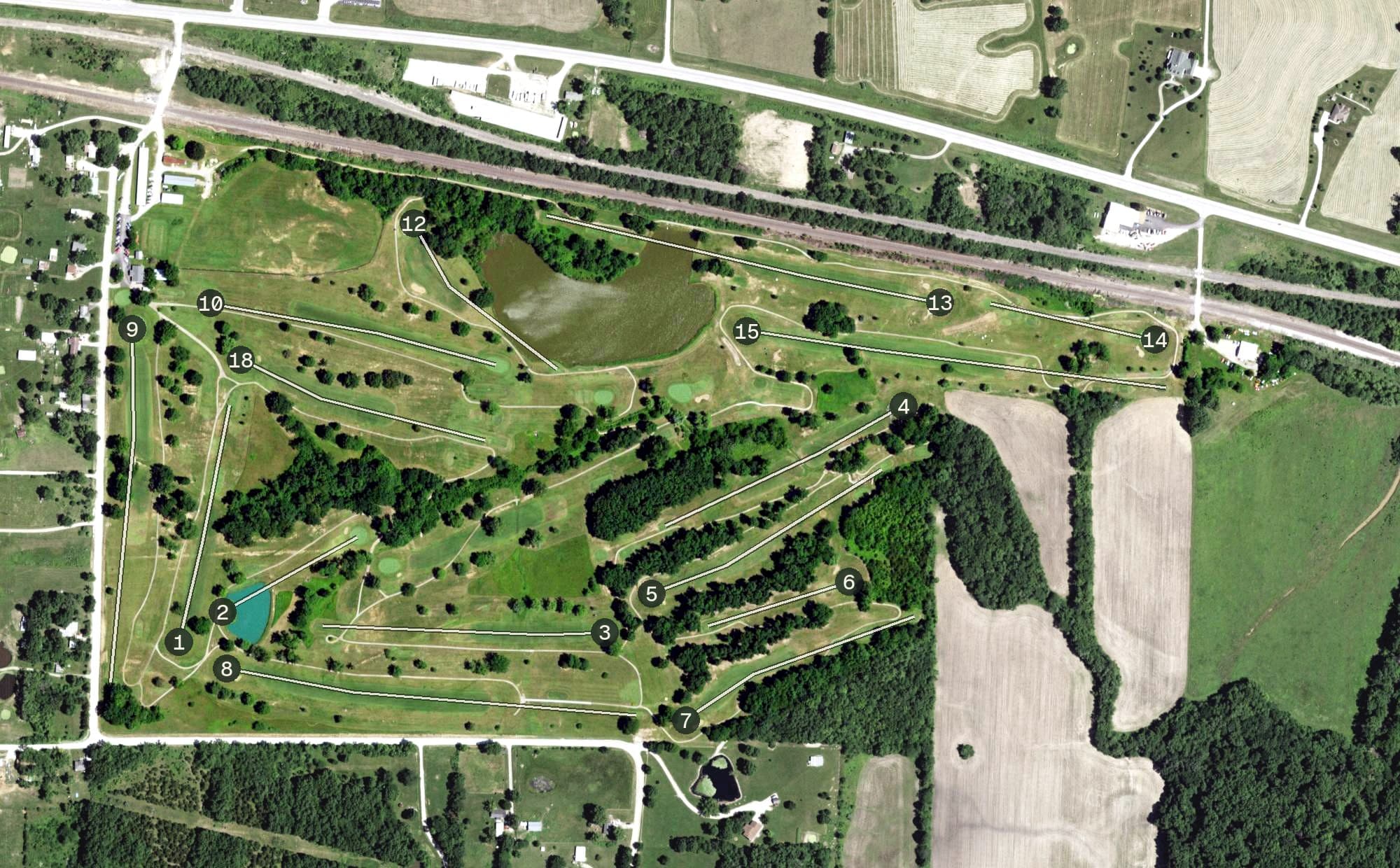 Aerial view of Arthur Hills Golf Course, MO, with its hole routing marked