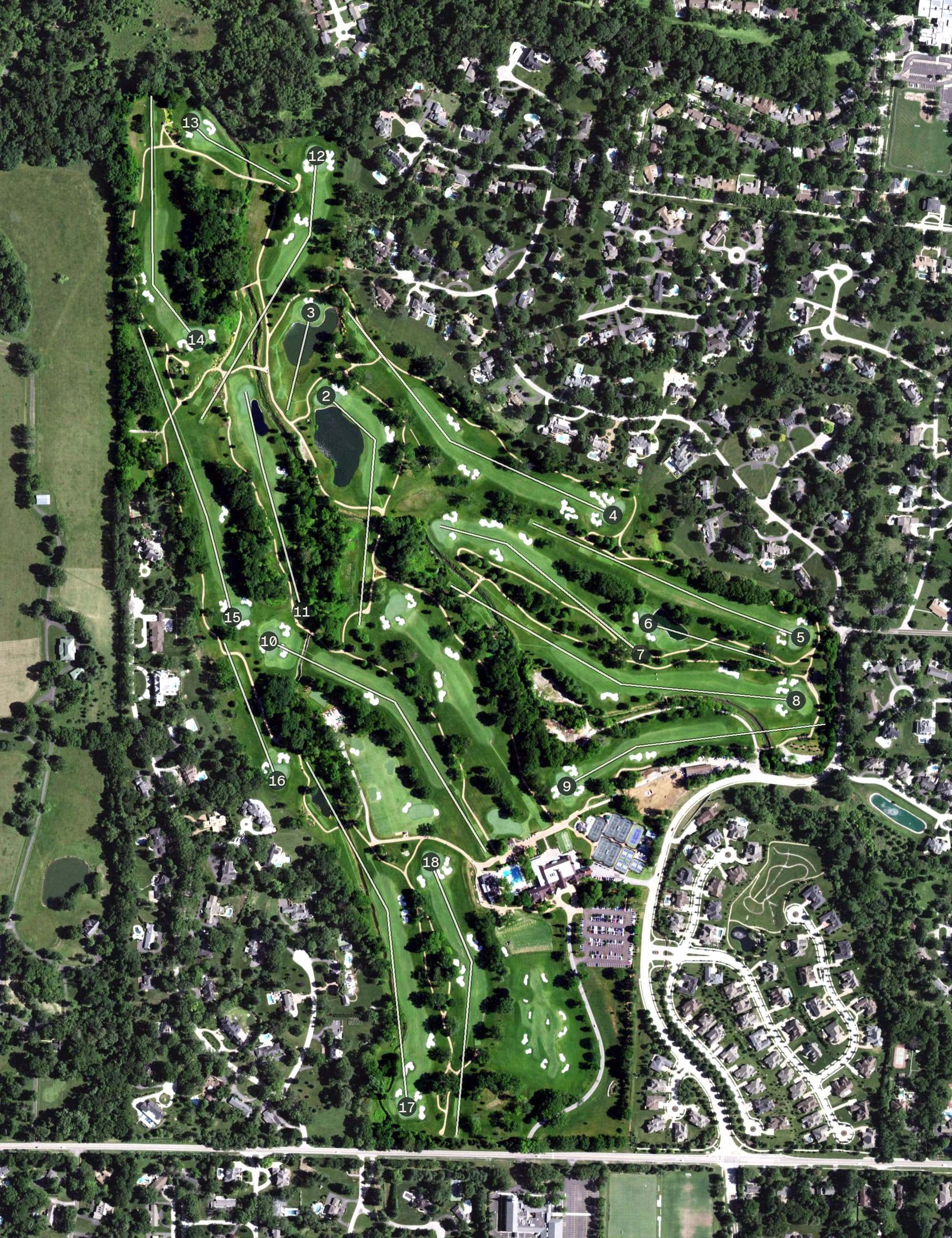 Aerial view of Bellerive Country Club, MO, with its hole routing marked