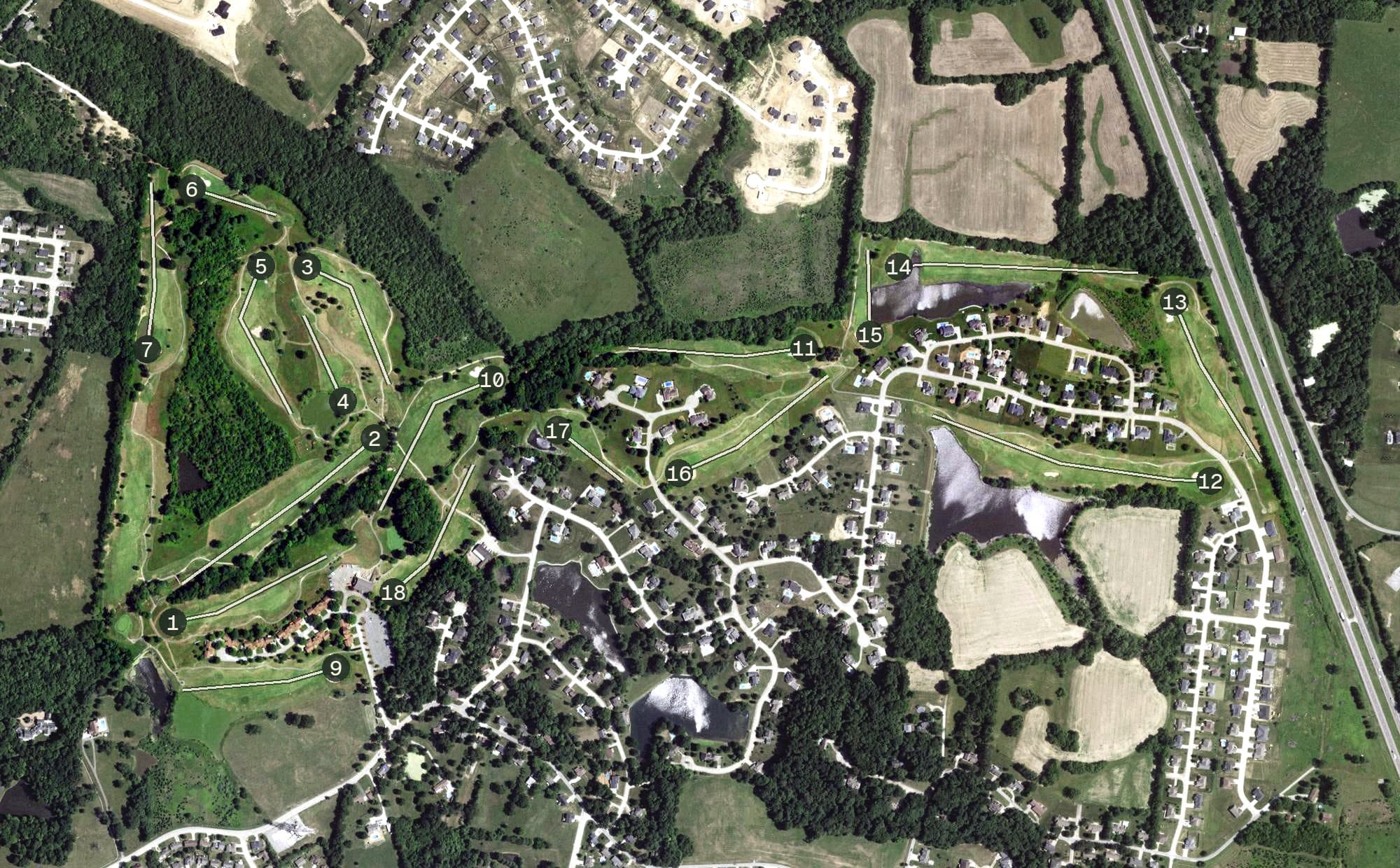 Aerial view of Bent Creek Golf Club, MO, with its hole routing marked