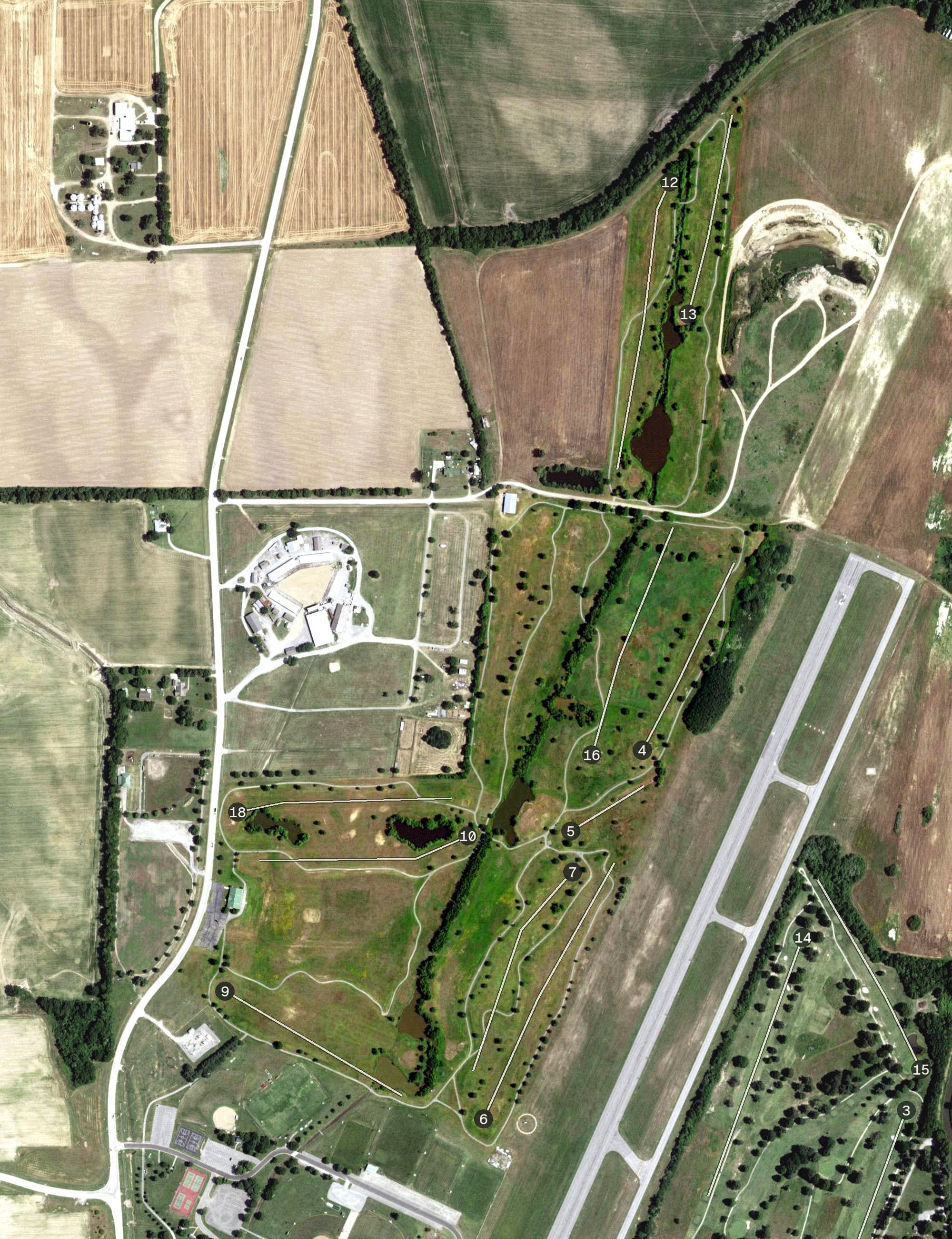 Aerial view of Bootheel Golf Course (closed), MO, with its hole routing marked