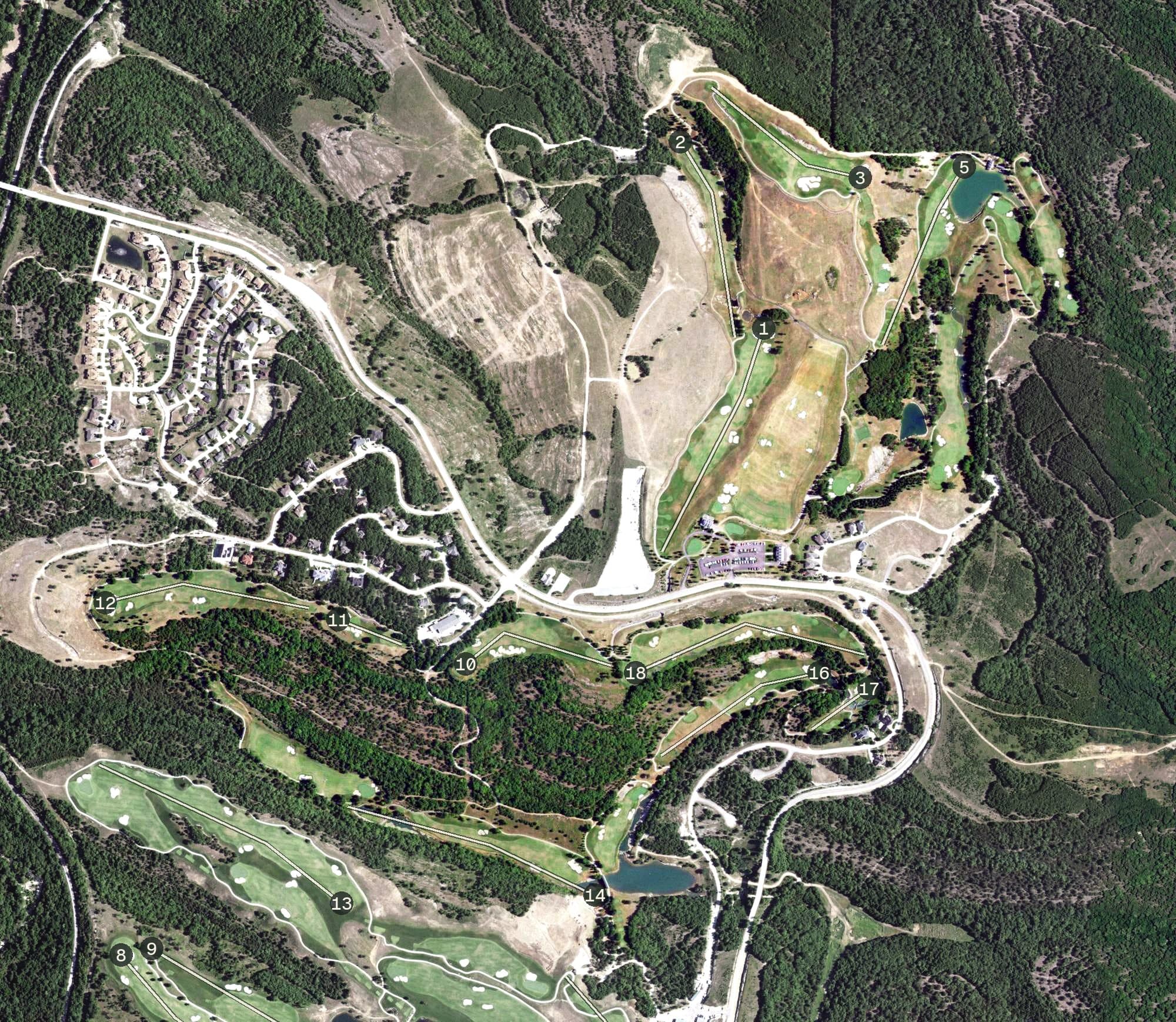 Aerial view of Buffalo Ridge Springs Golf Course, MO, with its hole routing marked