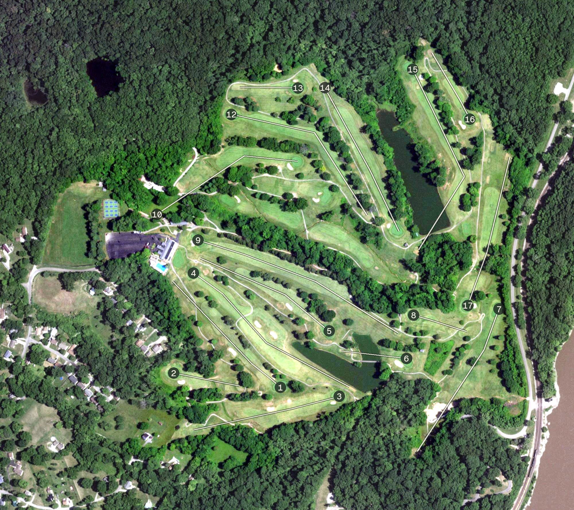 Aerial view of Cape Girardeau Country Club, MO, with its hole routing marked