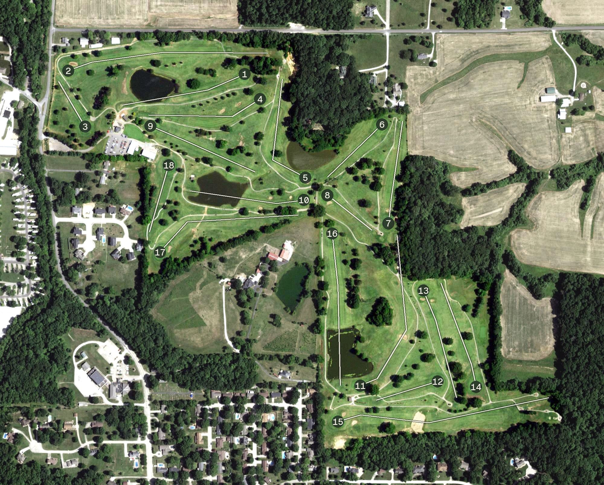 Aerial view of Cape Jaycee Municipal Golf Course, MO, with its hole routing marked